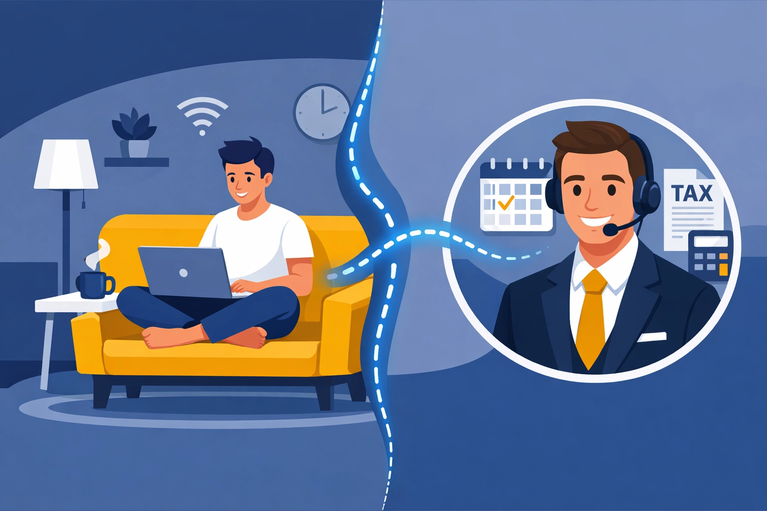 Remote tax pro assisting a client via a secure digital connection for virtual tax preparation.