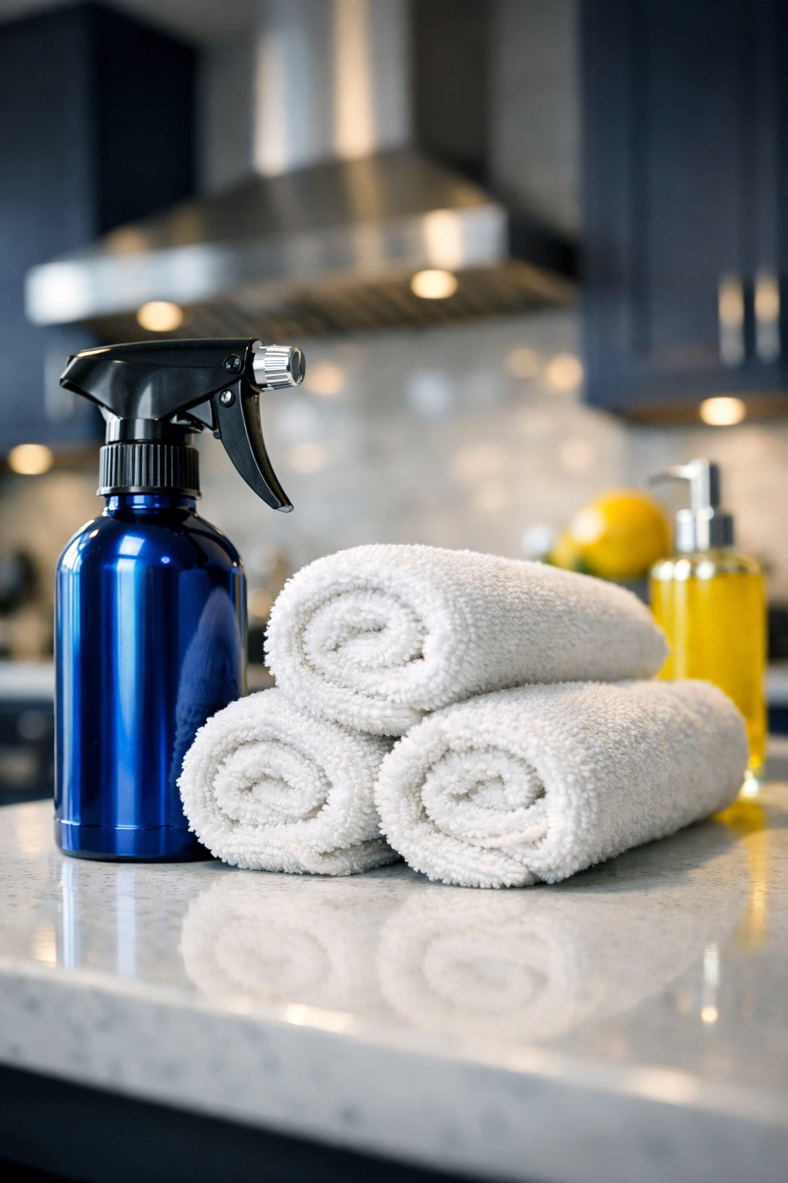 Professional eco-friendly cleaning supplies and towels on a spotless kitchen counter for emergency service.