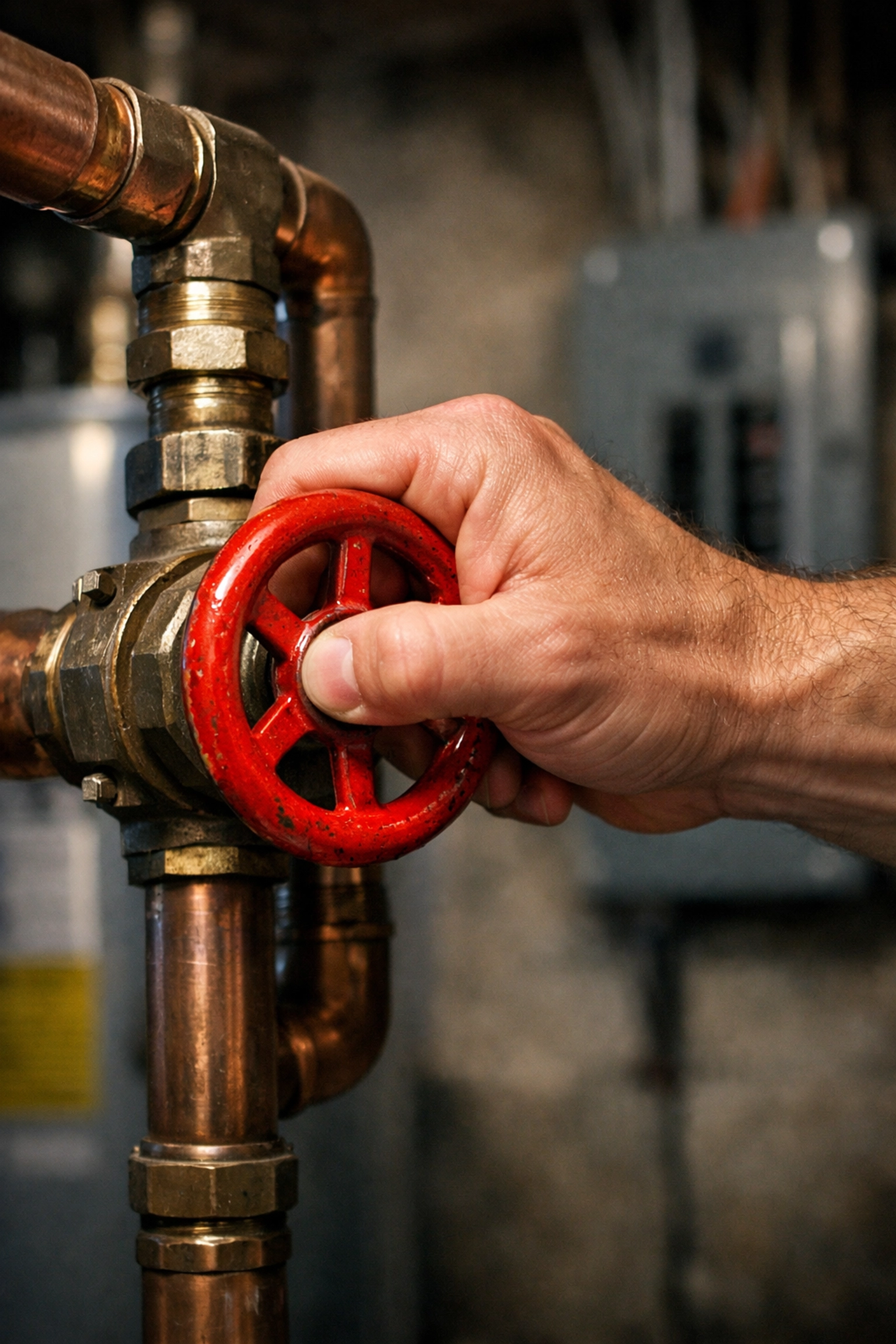 Shutting off the main water valve in a basement to prevent water damage and stop leaks immediately.
