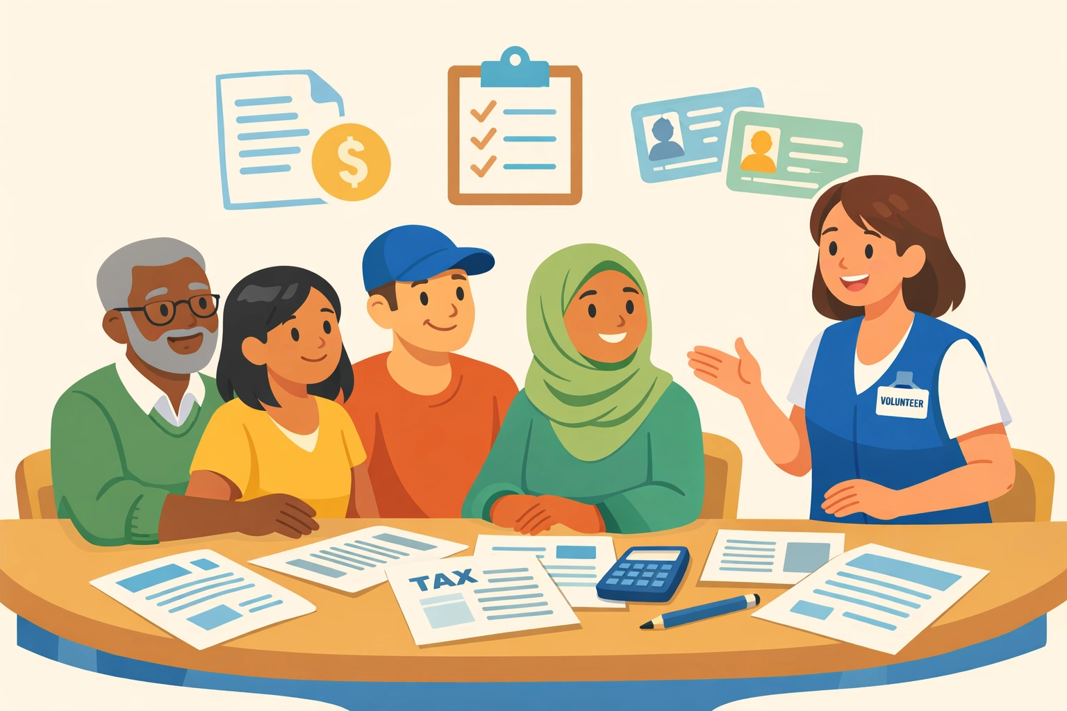 VITA volunteer helping New Haven taxpayers with free tax preparation at community table