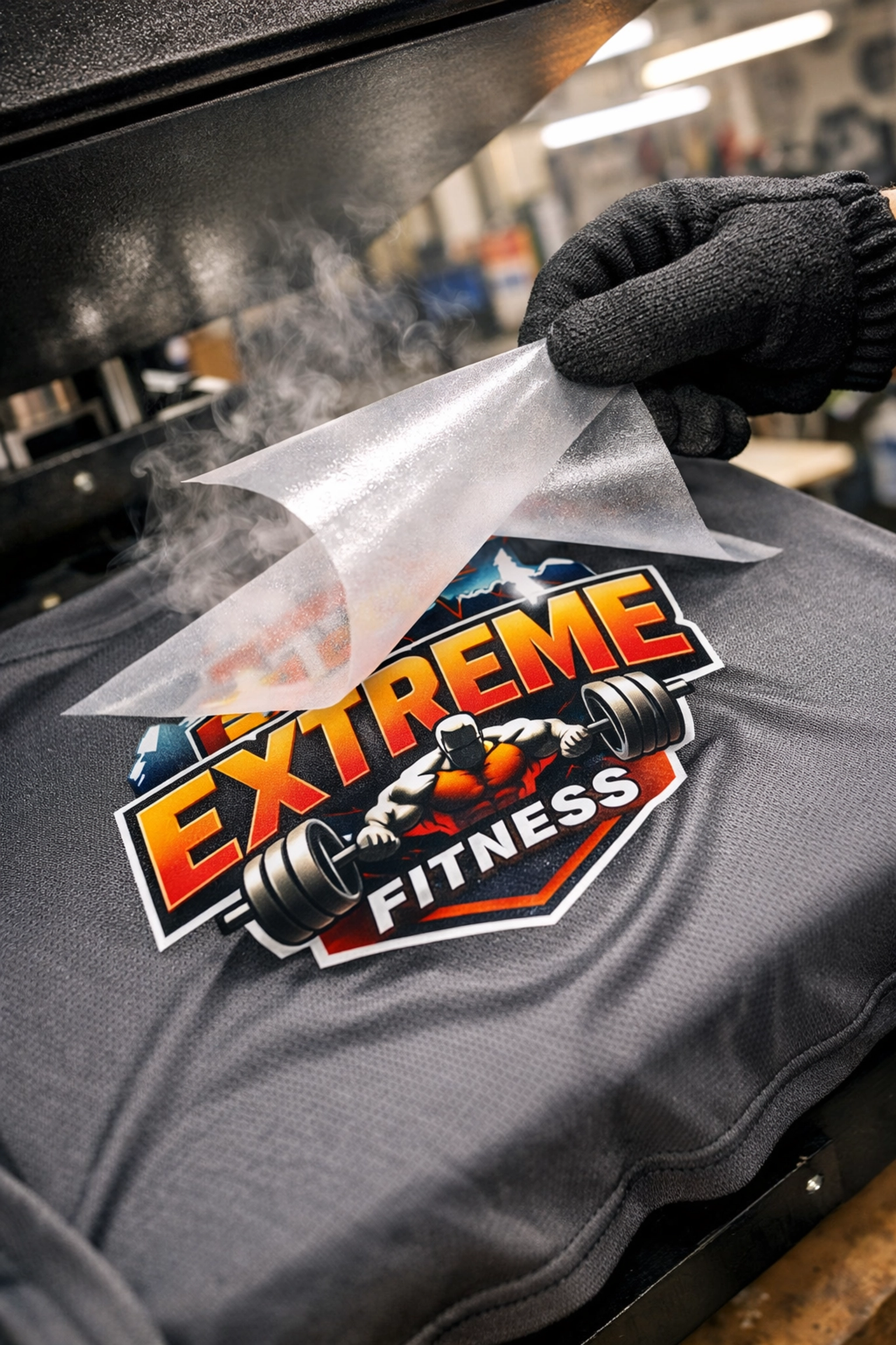 Heat press applying DTF transfer to polyester athletic shirt for custom apparel