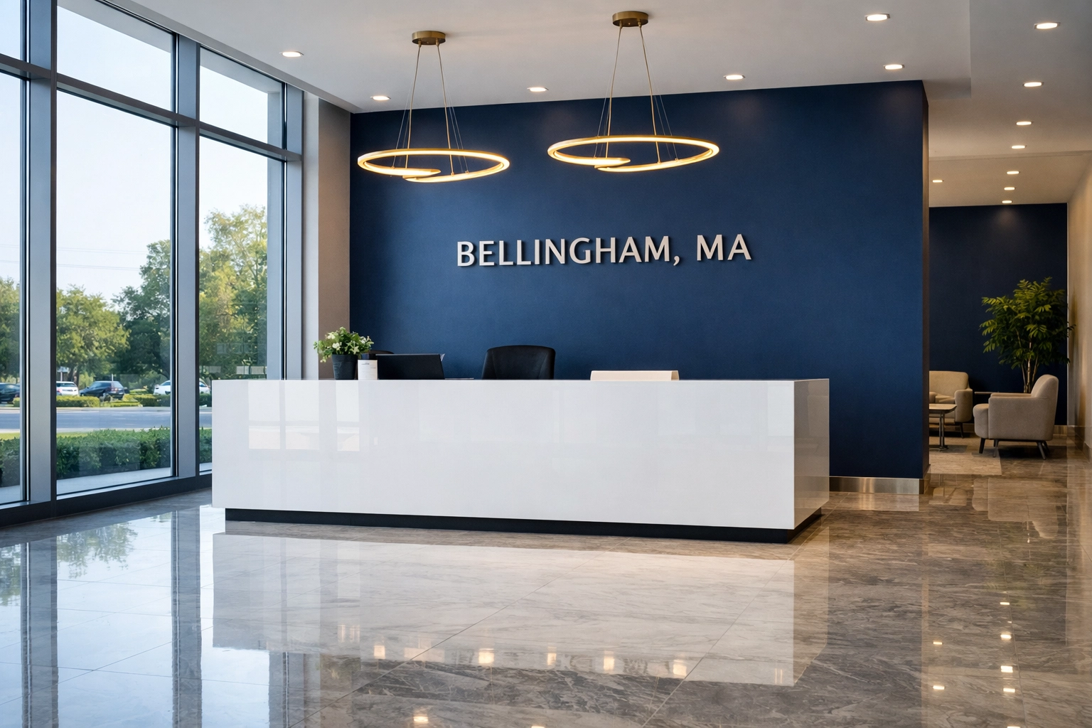 Pristine corporate lobby in Bellingham, MA, demonstrating high-quality commercial cleaning services.