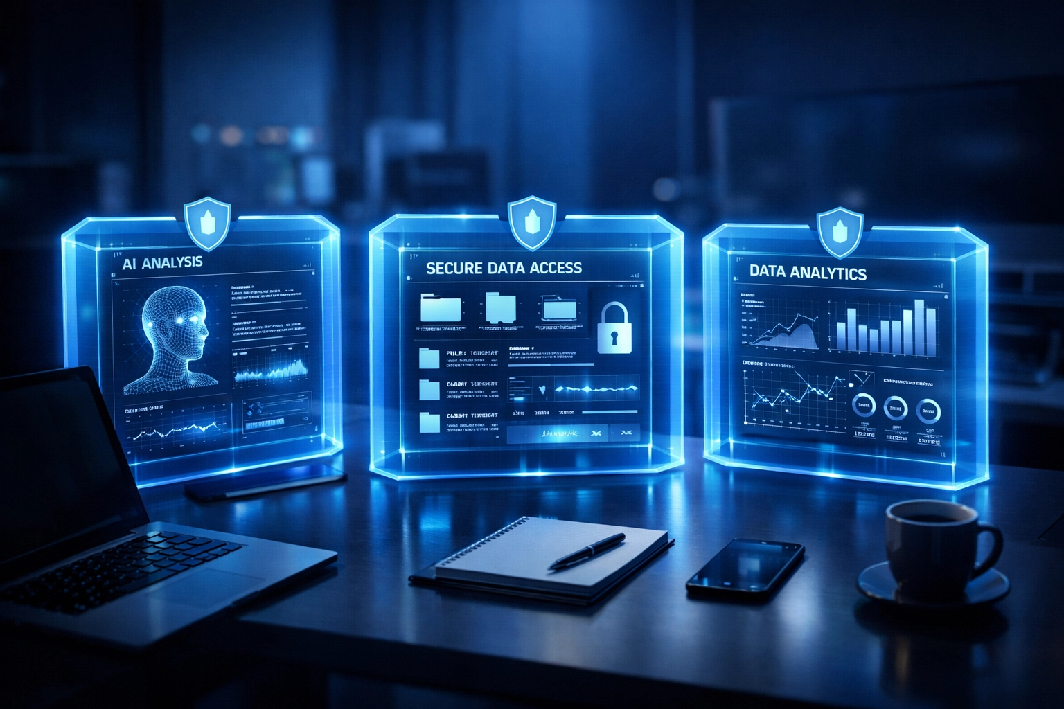 Protected AI workspace with secure data streams and barriers for safe business AI usage