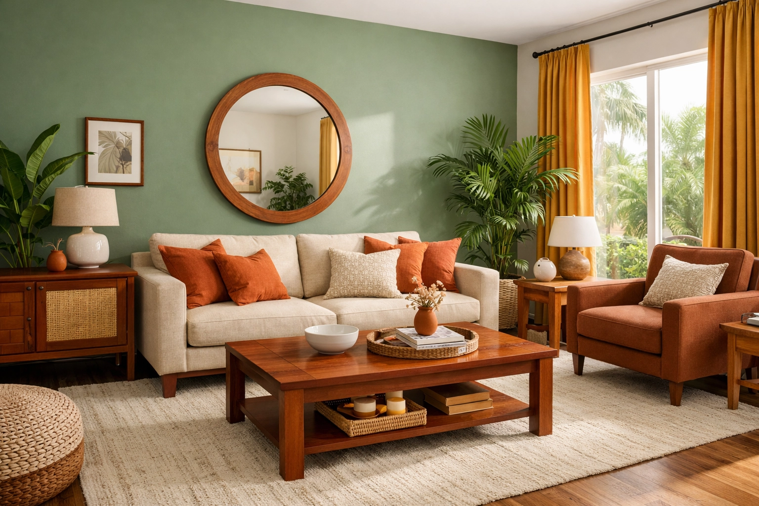 Orlando living room with warm nature-inspired colors featuring sage green walls and tropical plants