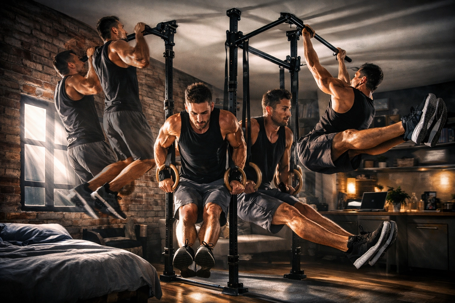 Athlete performing multiple exercises on versatile floor-to-ceiling training system at home