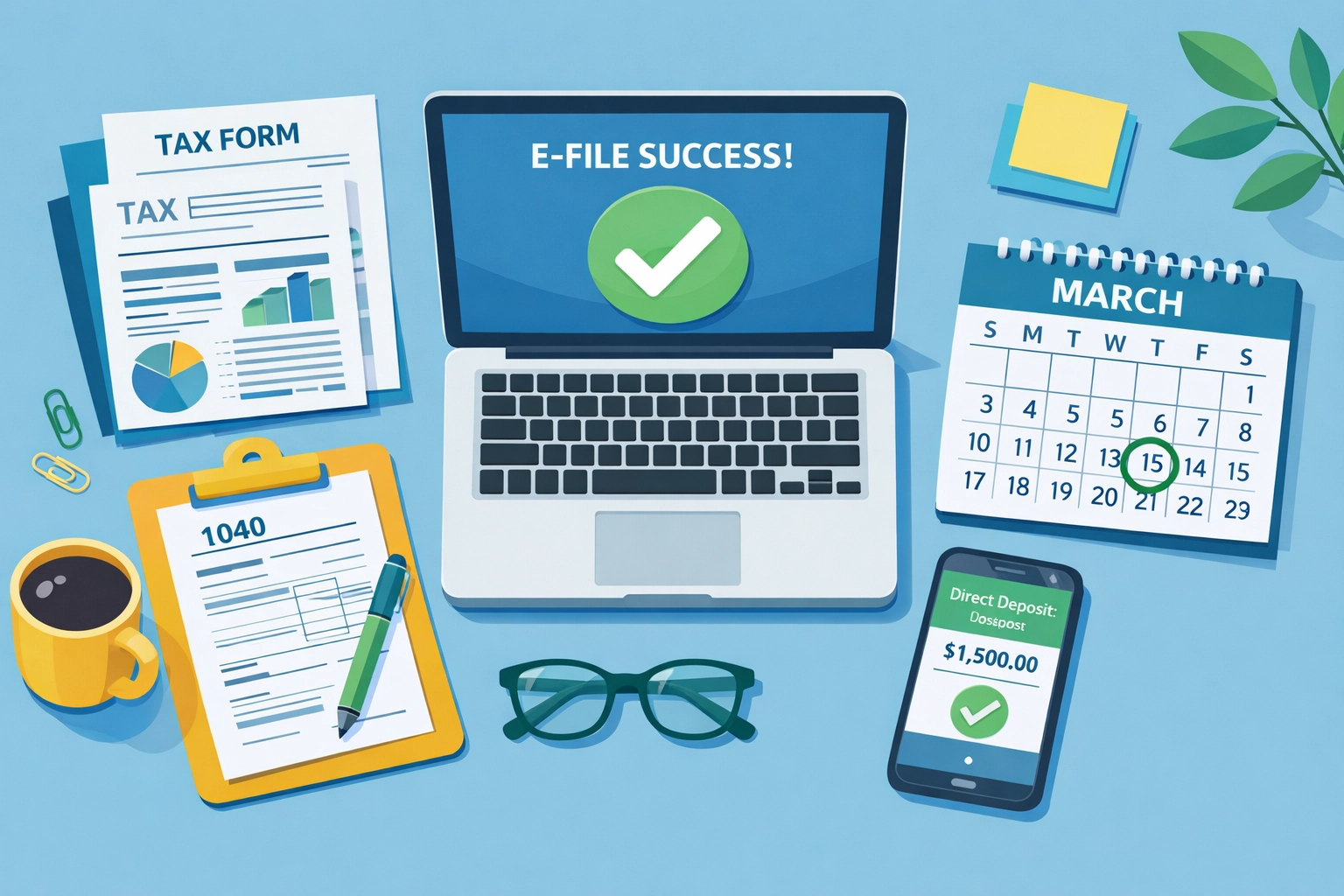Electronic tax filing workspace showing e-file confirmation and direct deposit setup for faster refunds