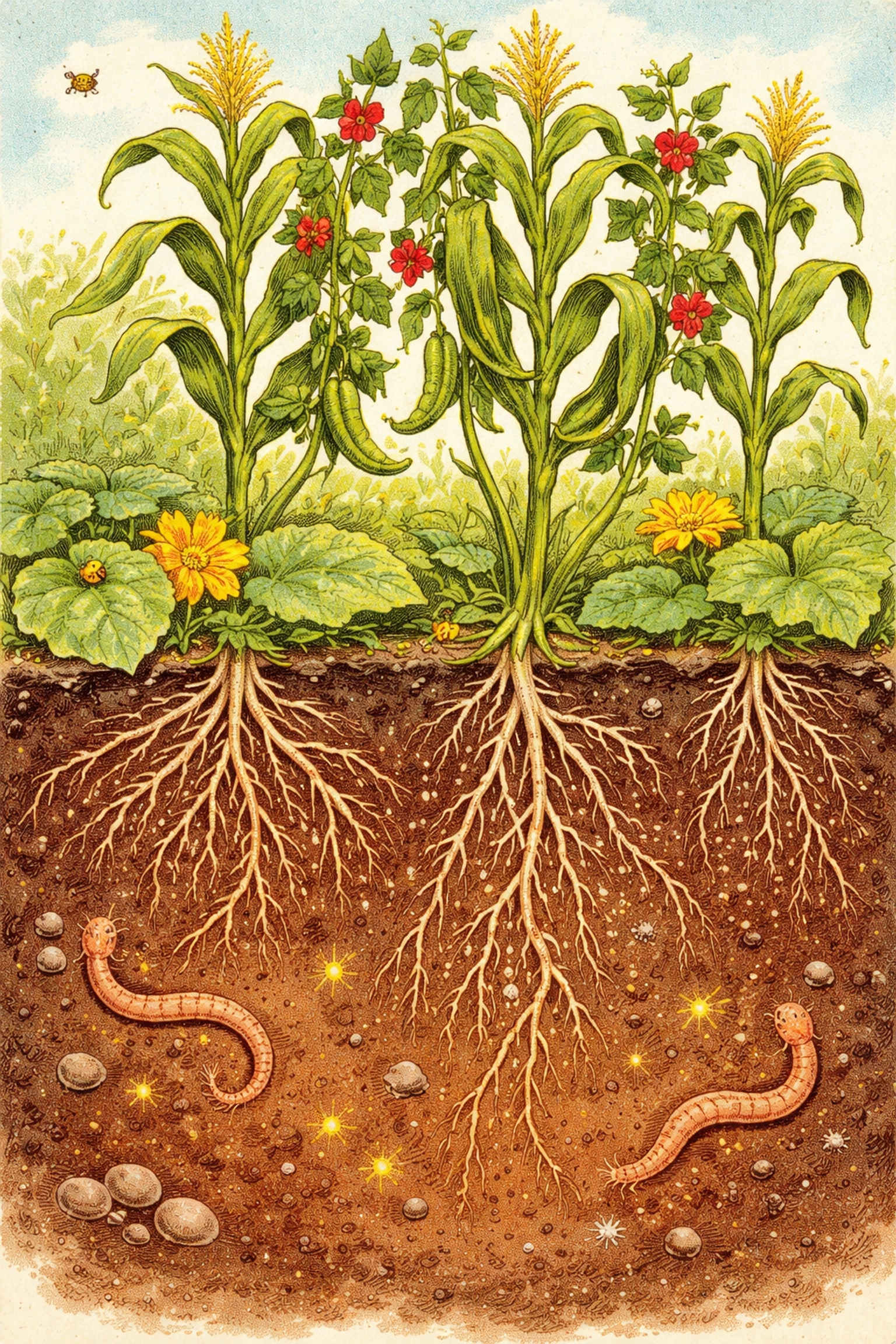 Cutaway illustration showing corn, bean, and squash plants with roots interwoven underground in a Three Sisters garden
