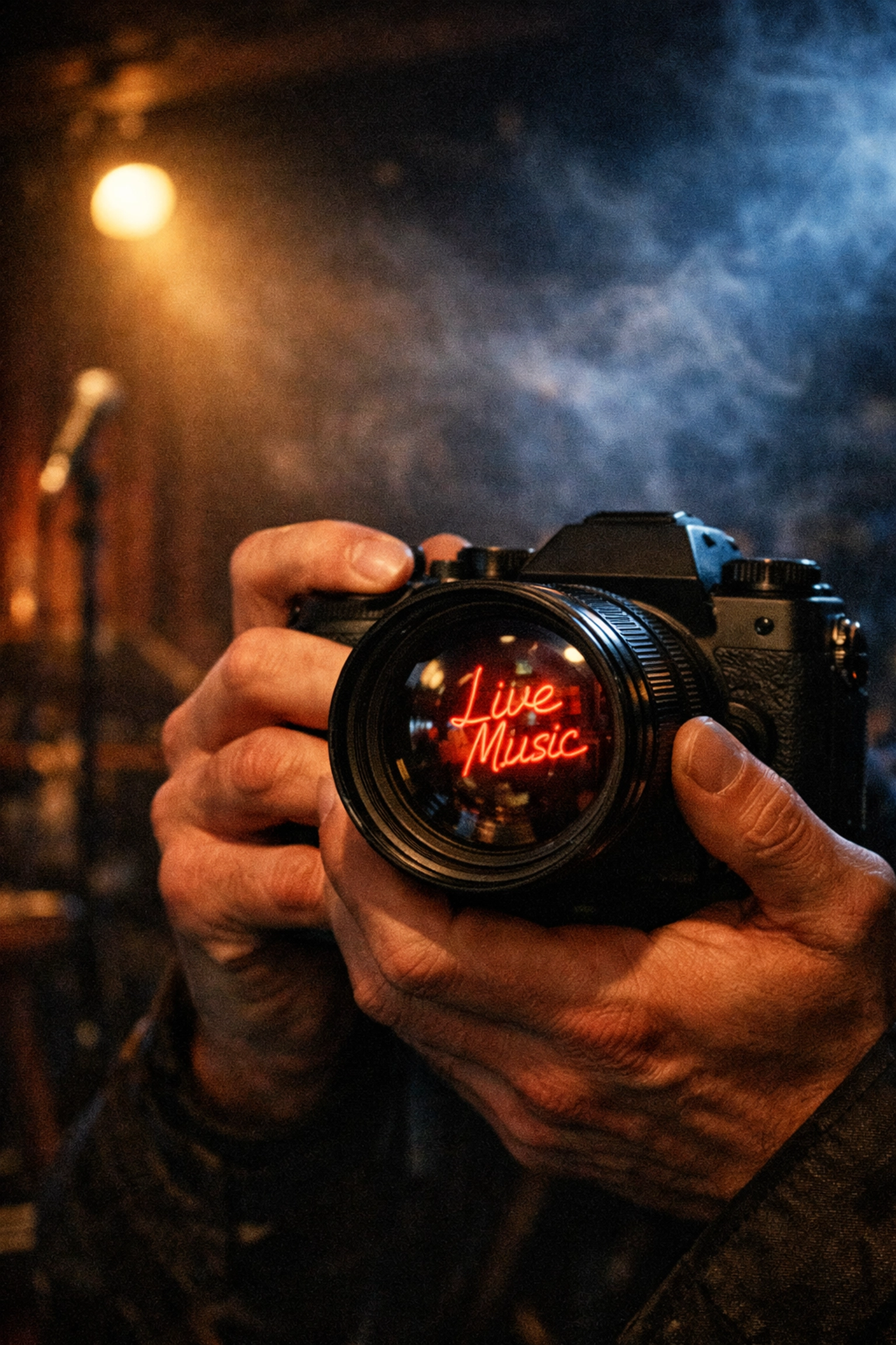 Photographer using high ISO settings in a low-light jazz club to capture detail in manual mode.