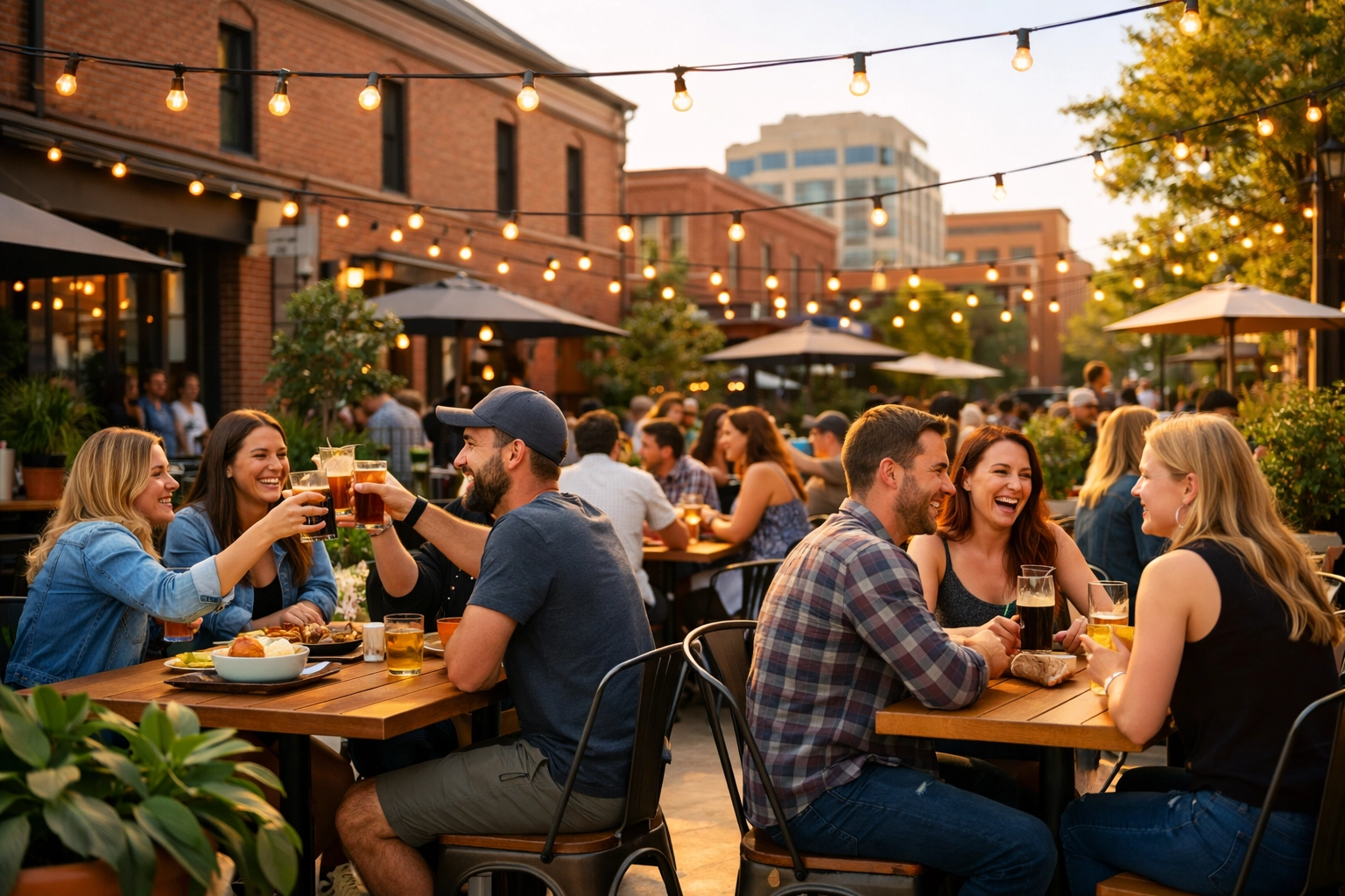 Friends enjoying outdoor dining on a sunny downtown Boise patio with string lights and plants Friends enjoying outdoor dining on a sunny downtown Boise patio with string lights and plants