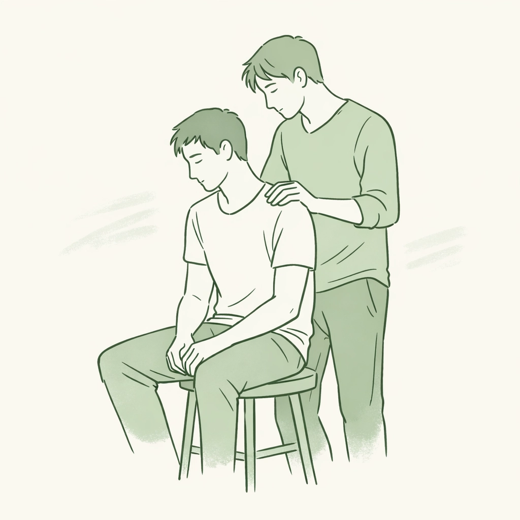 Minimalist illustration of two men sharing a supportive moment, reflecting the complexity of non-binary identity.