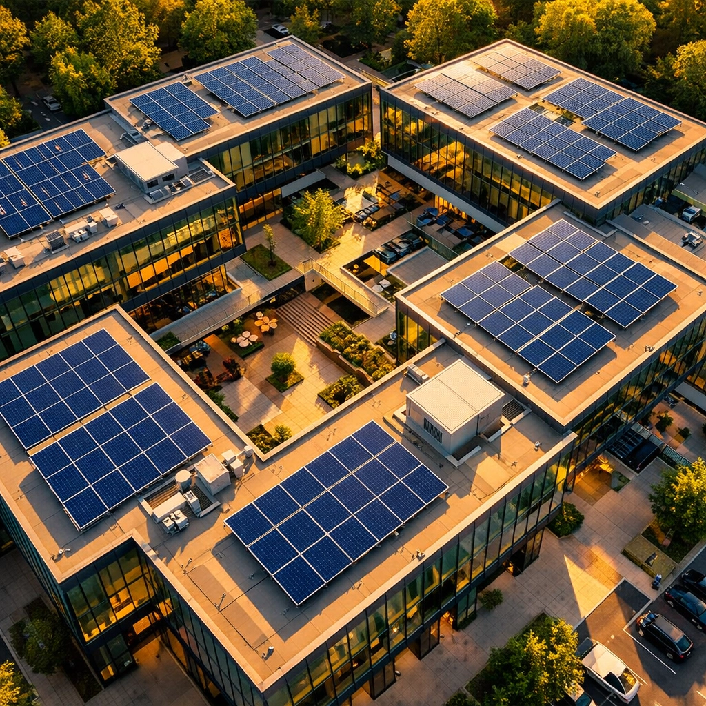 Aerial drone view of professional office building rooftop with high-efficiency solar panel array.