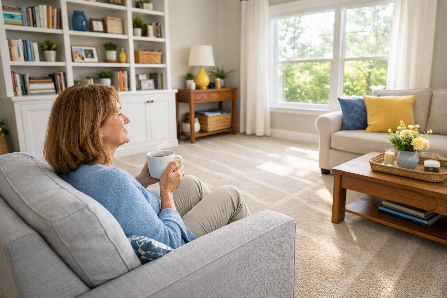 Happy homeowner in a stress-free, clean living room after house cleaning Westford and Lincoln.