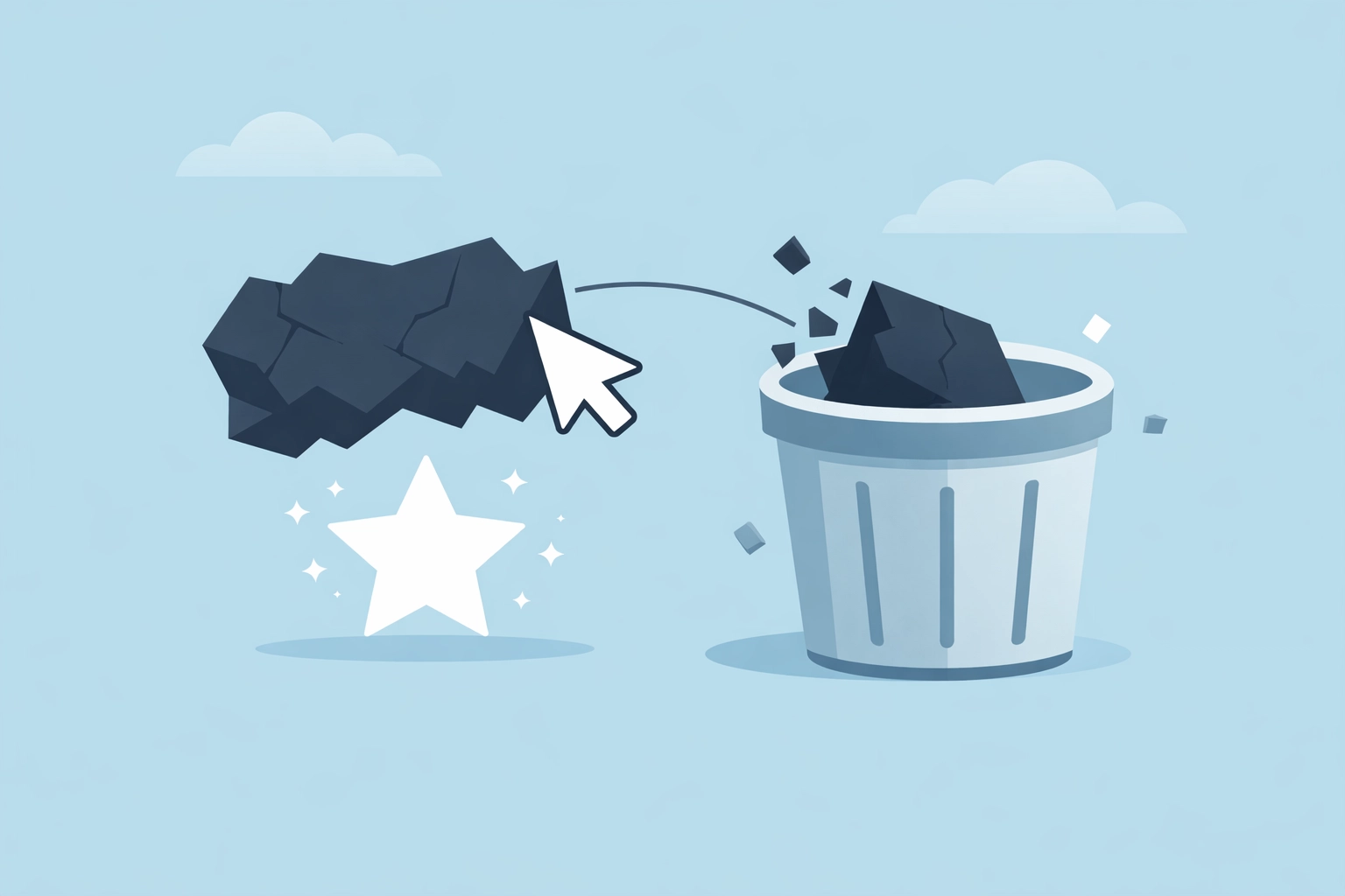 Ilustración de eliminación de cuentas negativas y colecciones para limpiar el historial crediticio.