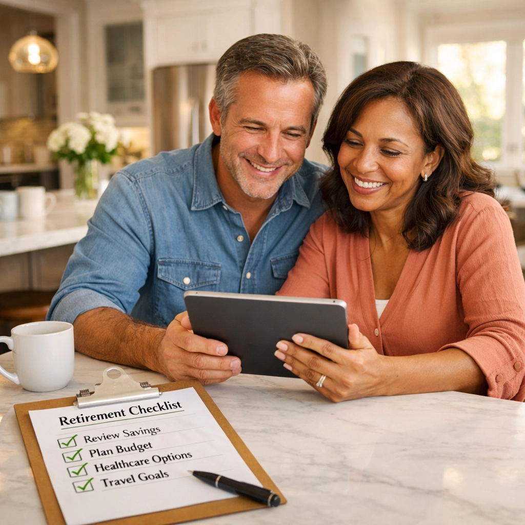 Couple feeling relieved after completing a retirement planning checklist in their Wesley Chapel FL home.