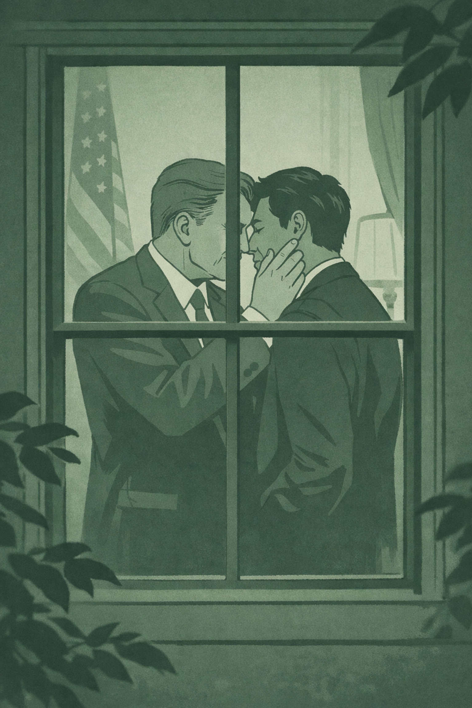 Two men in secret political affair viewed through window, forbidden gay romance