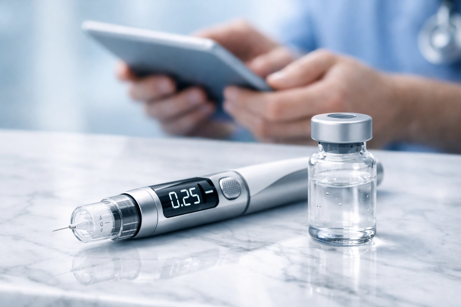 Prescription vial and medical device for clinically supervised tirzepatide weight loss treatments.