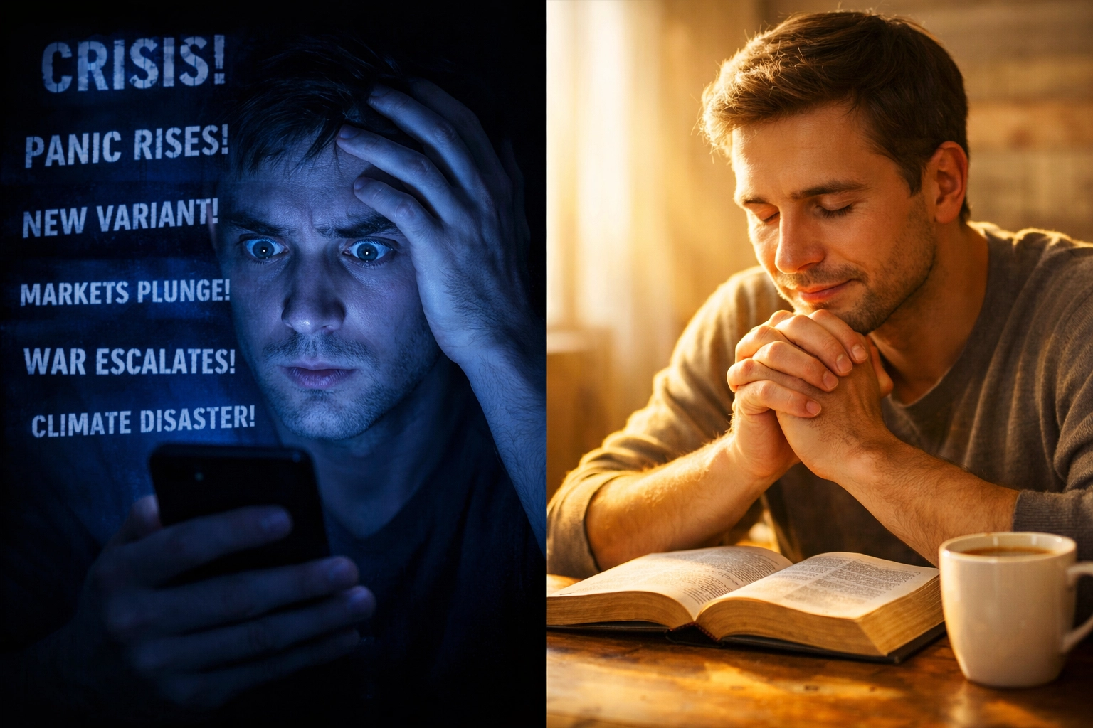 Contrast between anxious news scrolling and peaceful morning Bible reading with prayer
