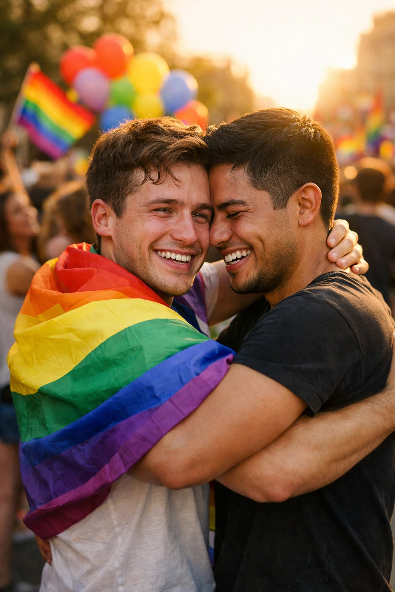 Gay couple embracing at pride parade celebrating LGBTQ+ love and community