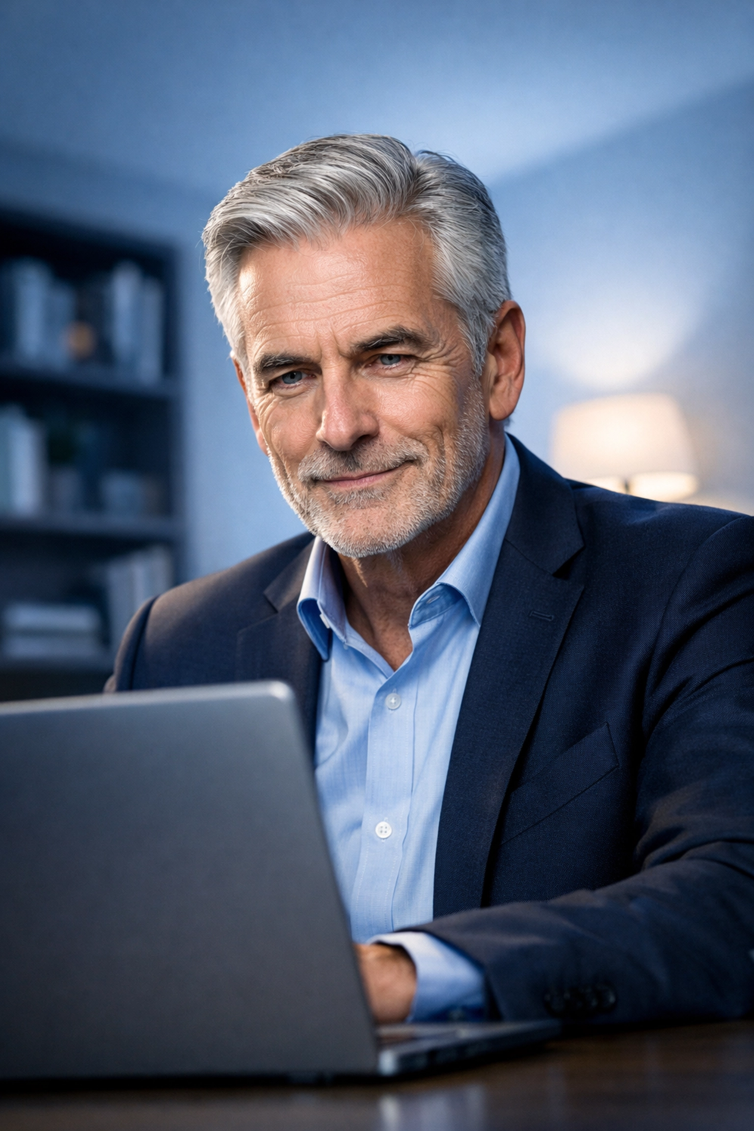 Senior man smiling confidently while using a laptop, showing the impact of scam prevention for elderly.