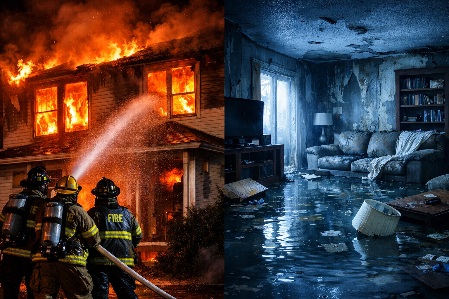 Firefighters extinguishing house fire and resulting water damage inside home requiring restoration
