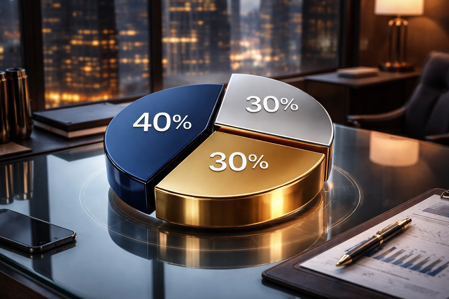 Modern investment portfolio pie chart highlighting the 40/30/30 diversification model in a luxury office setting