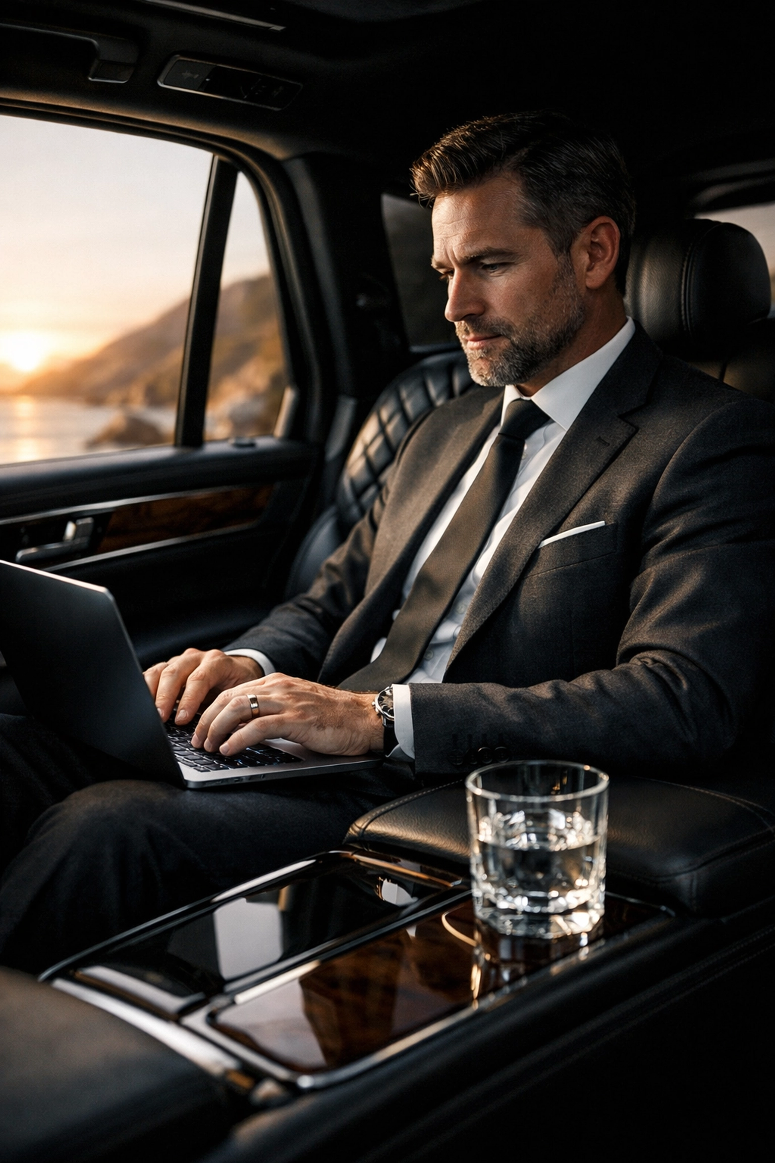 Executive working on a laptop in a Dana Point car service luxury SUV during an airport transfer to LAX.
