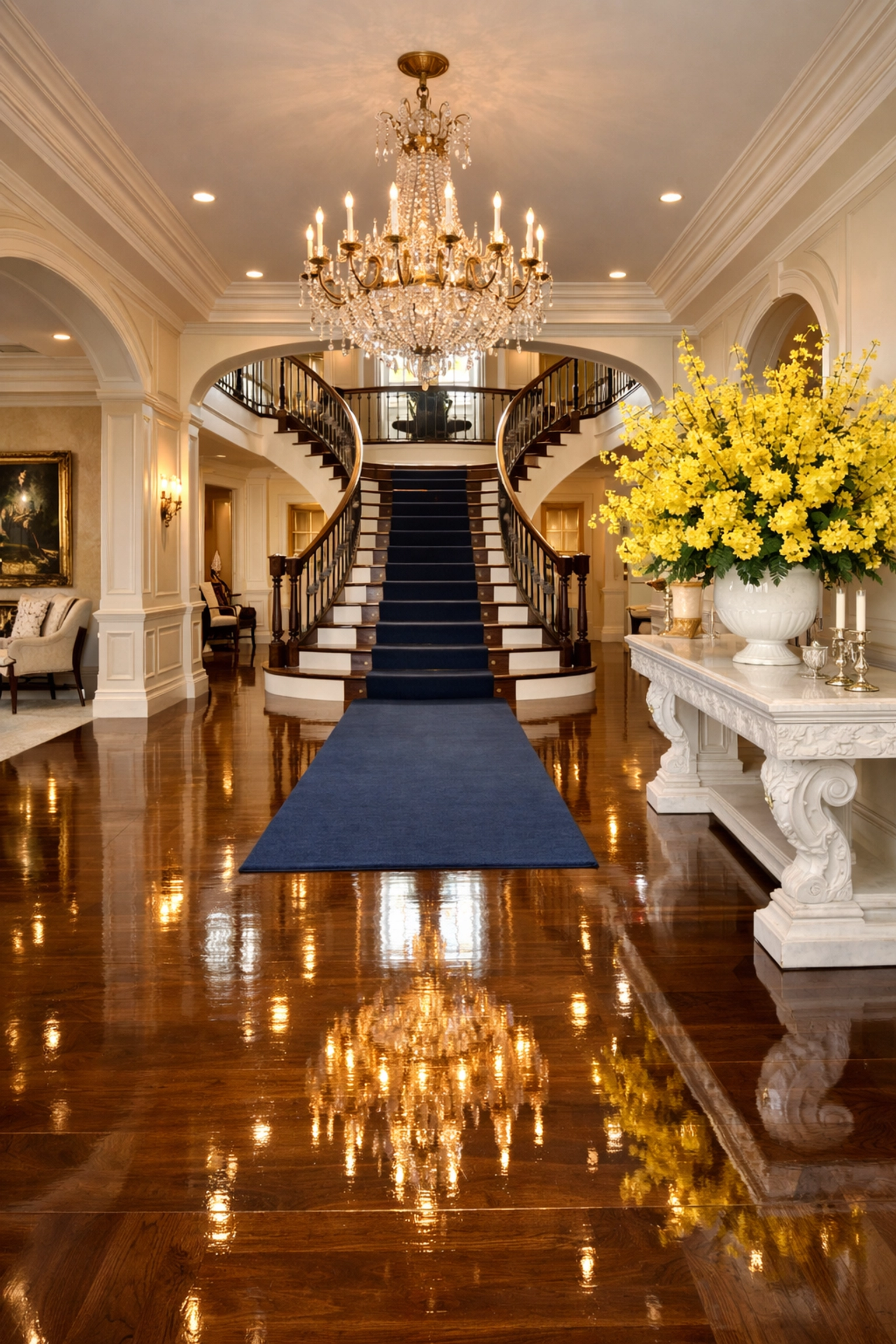Gleaming hardwood floors in a grand Westwood estate foyer after a luxury house cleaning.
