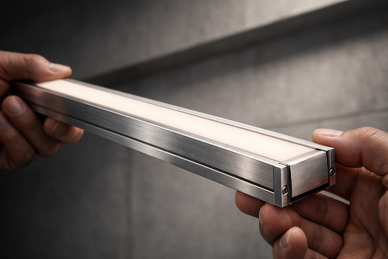 Handcrafted custom-length linear LED fixture with a sleek aluminum profile for precise cabinet lighting.