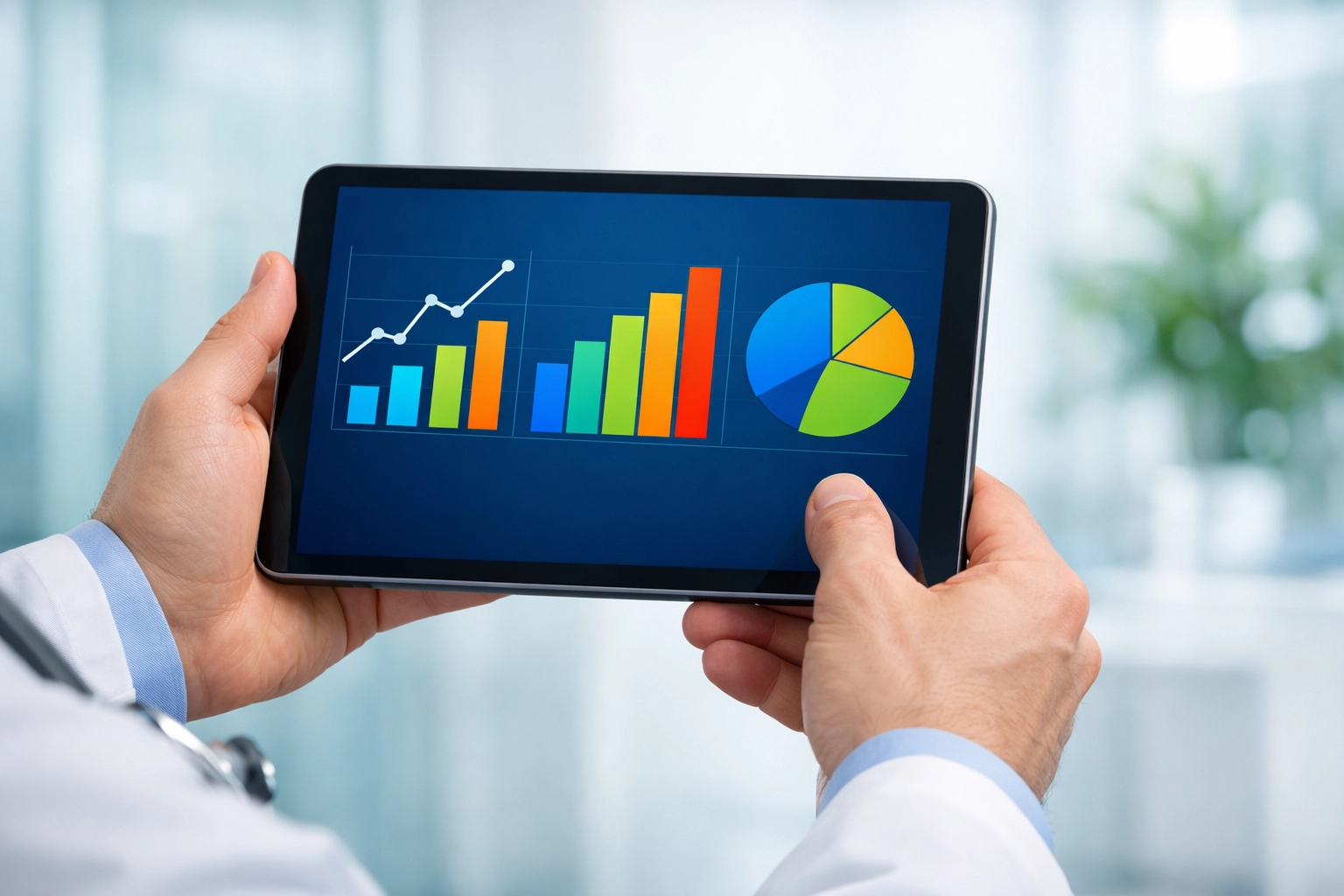 DrMed Health provider reviewing patient weight loss data on a digital tablet in a clinic.