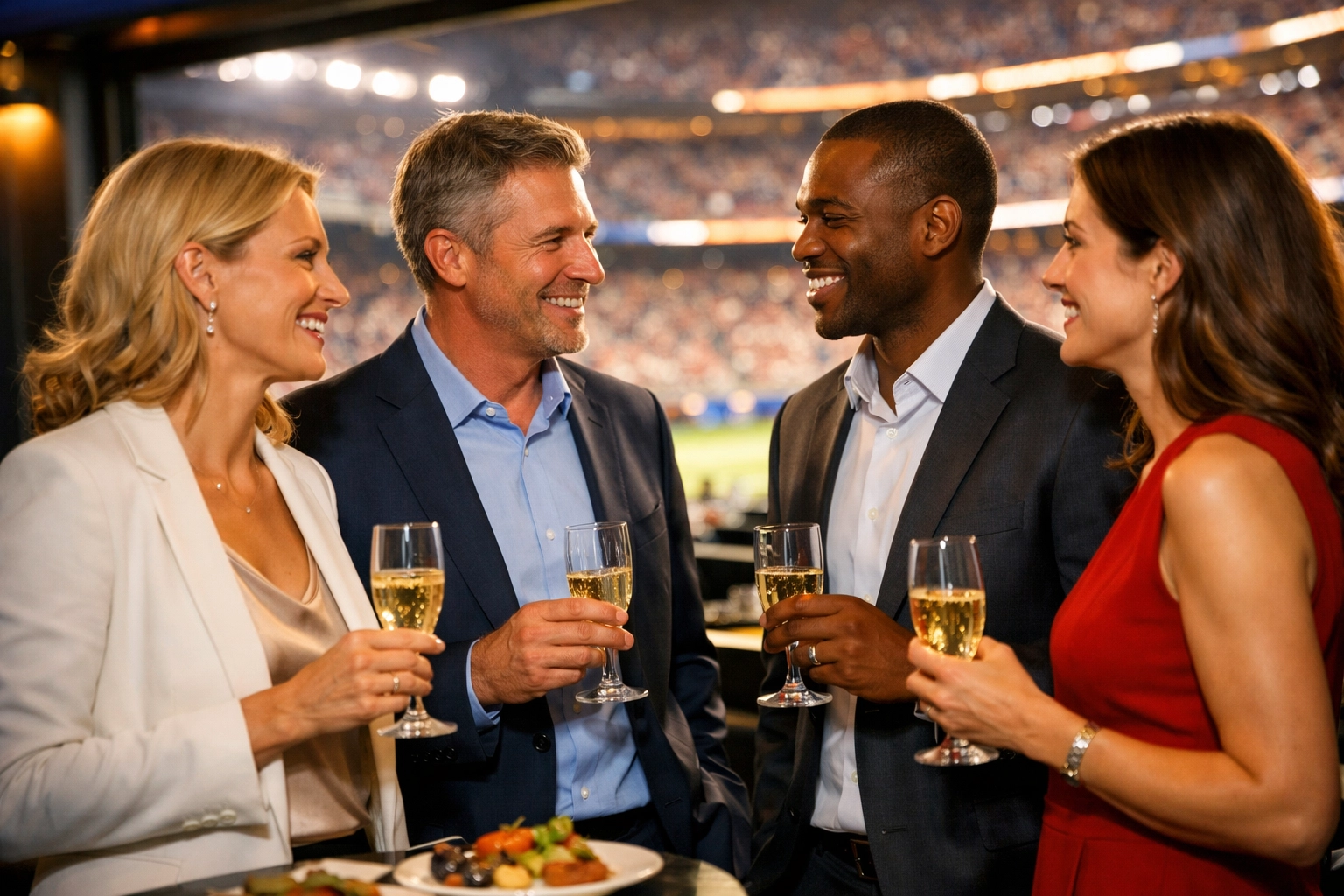 Executives networking in a luxury stadium suite during a high-end corporate hospitality event.