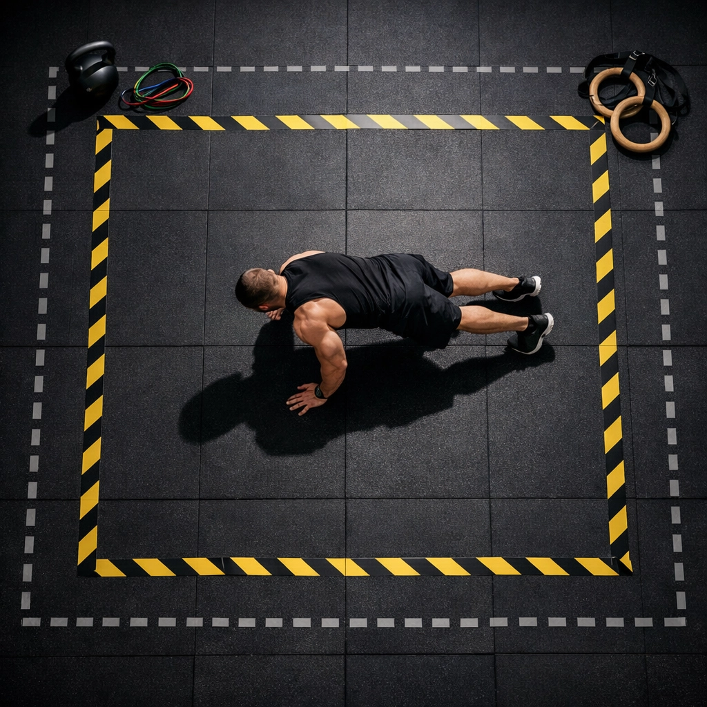 Overhead view of designated home training zone with athlete performing burpees on rubber gym flooring