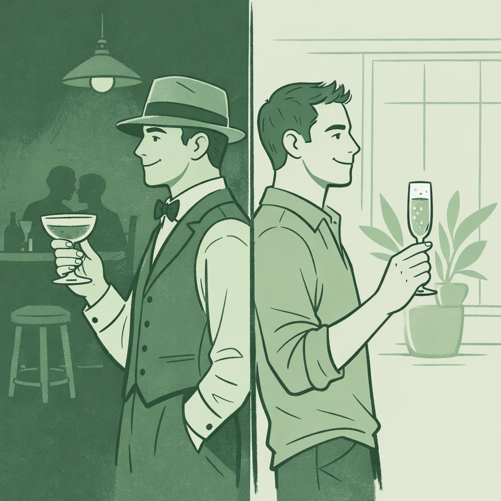Past and present gay men with champagne showing LGBTQ history and tradition across eras