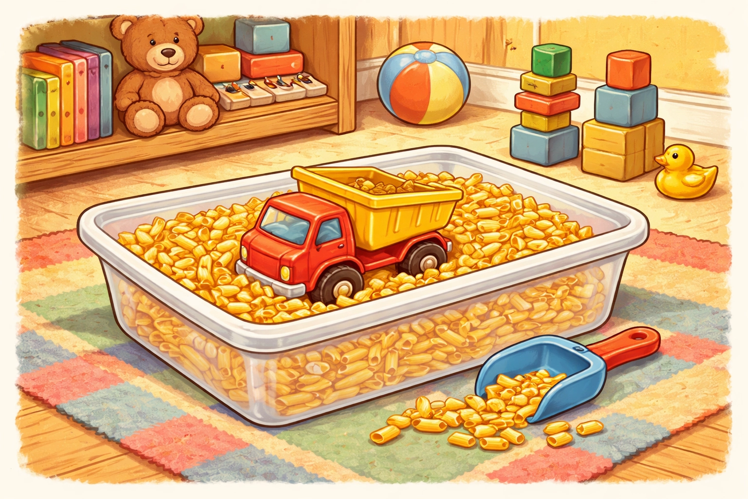 Shallow blue bin filled with dry pasta and a red toy dump truck, perfect for kids' mini construction sensory play