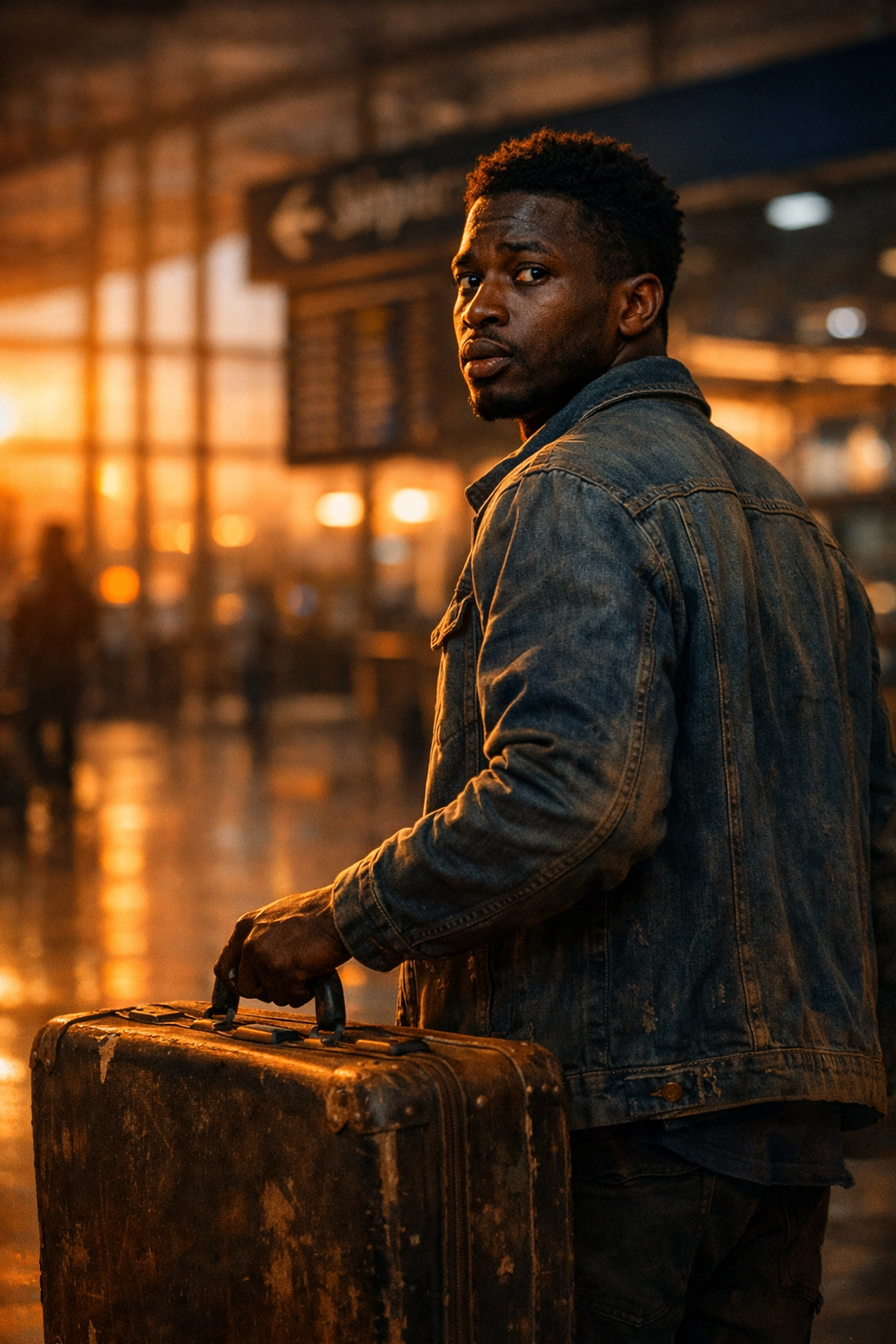 Nigerian LGBTQ refugee at Lagos airport departing with suitcase for safety abroad