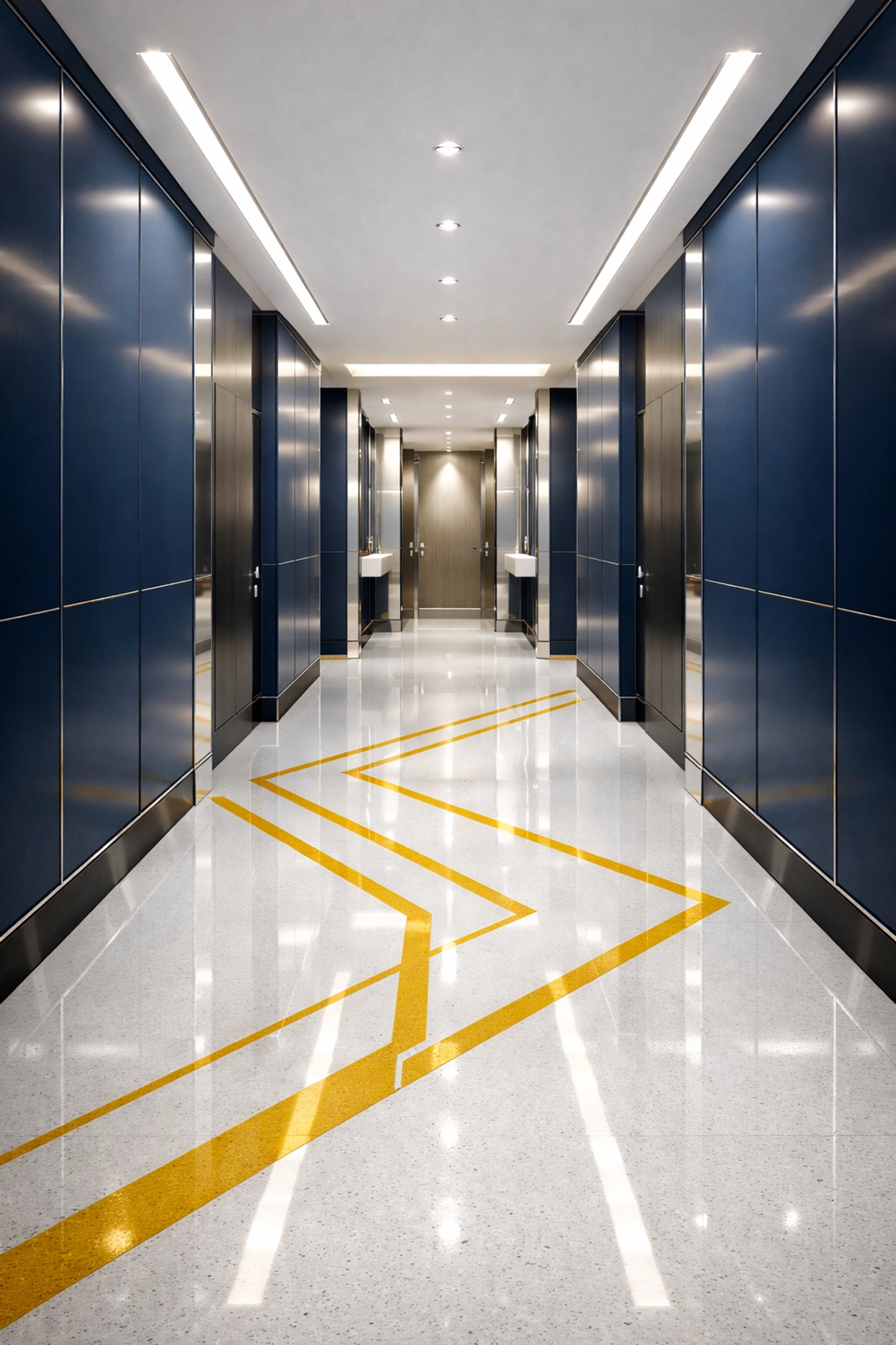 Spotless corporate office corridor with polished quartz flooring maintained by expert Chelsea janitorial services.