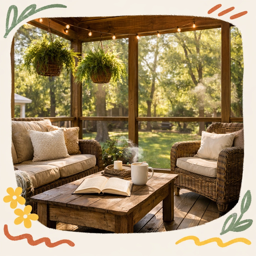 Cozy screened porch showcasing home's lifestyle appeal for potential buyers in Cobb County