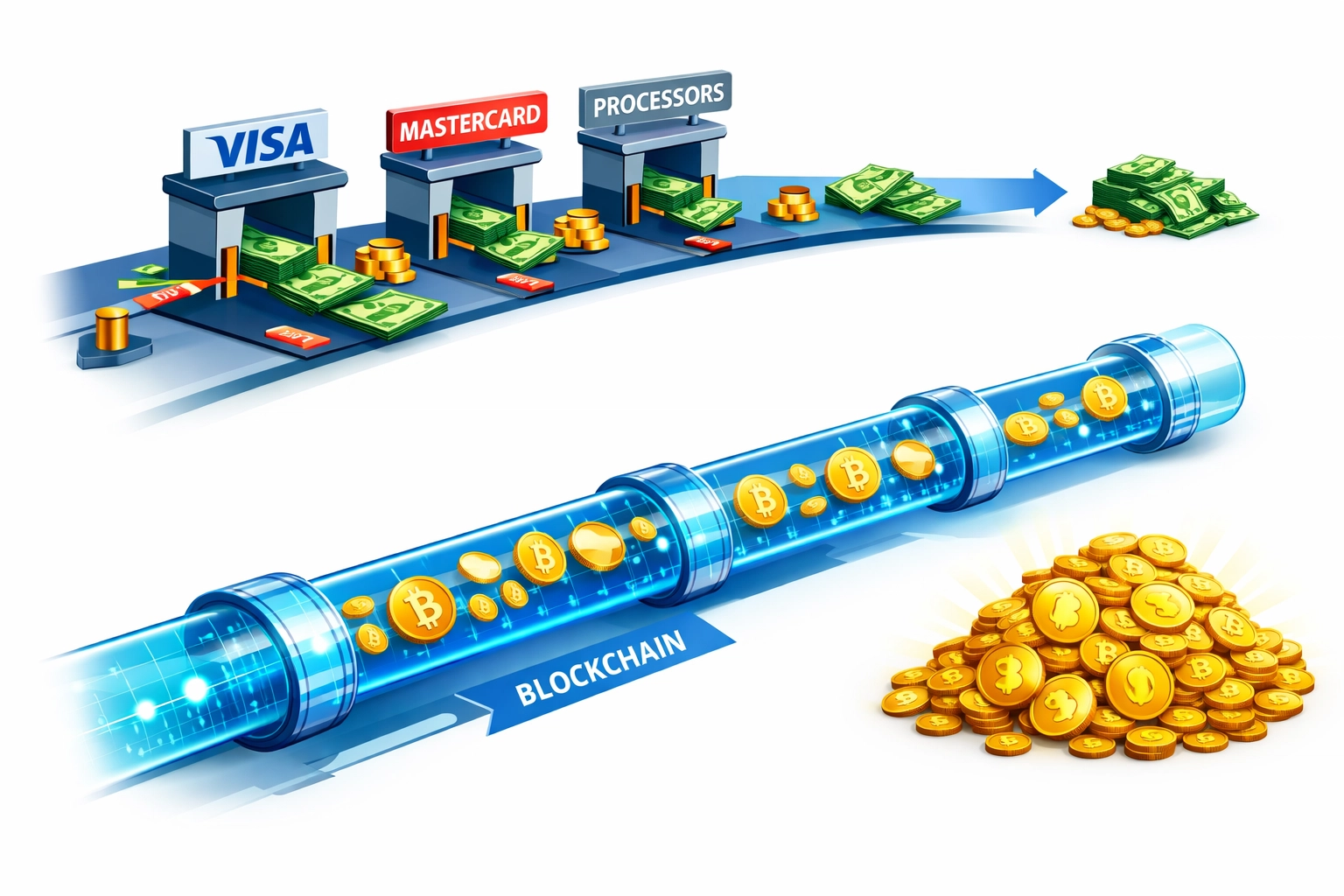 Merchant revenue flow comparing traditional payment processors to direct crypto payment systems