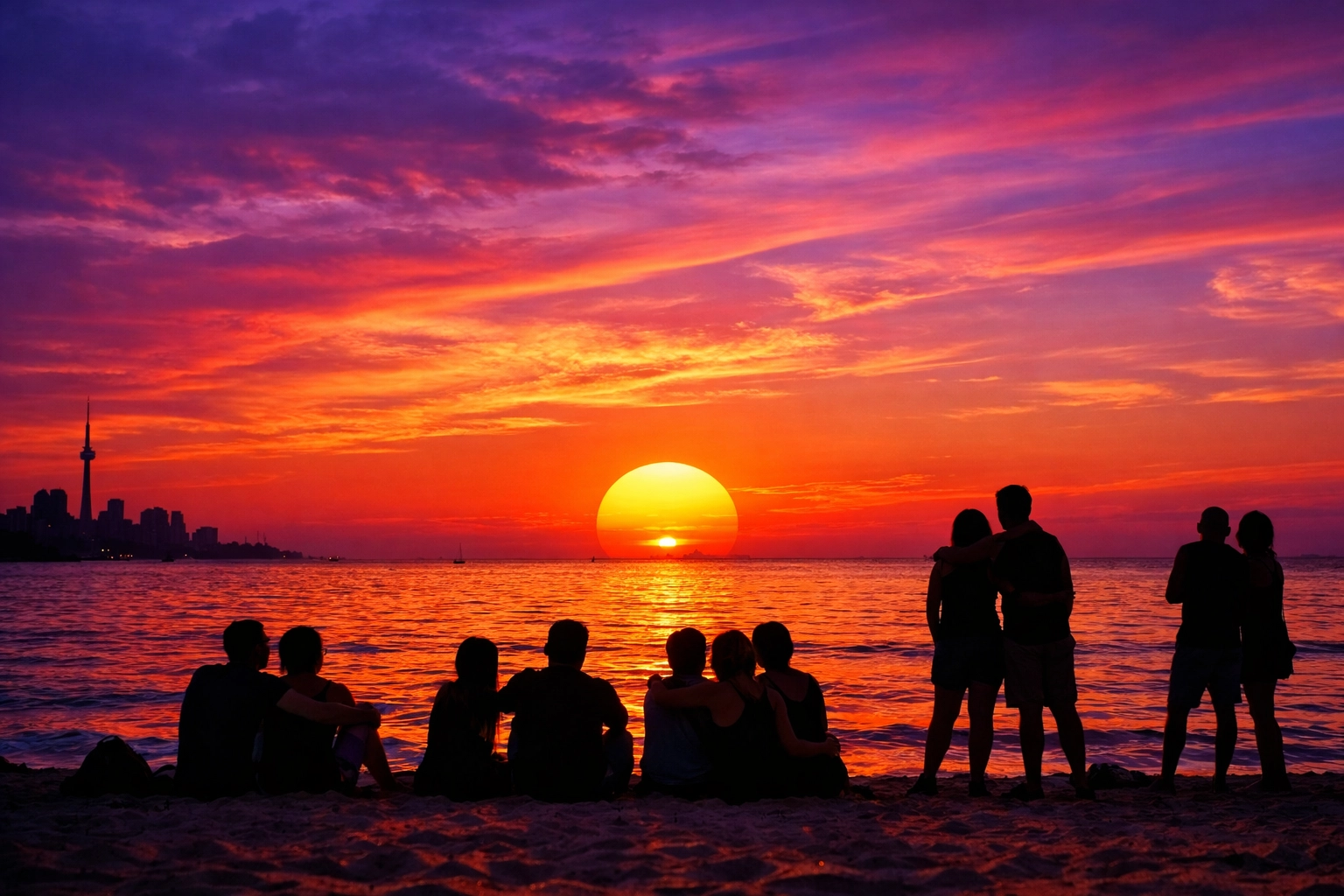 Sunset over Lake Ontario at Hanlan's Point Beach with queer beachgoers watching