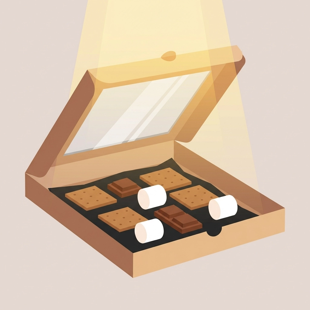 S'mores: graham crackers, chocolate, and marshmallows: cooking inside a homemade pizza box solar oven