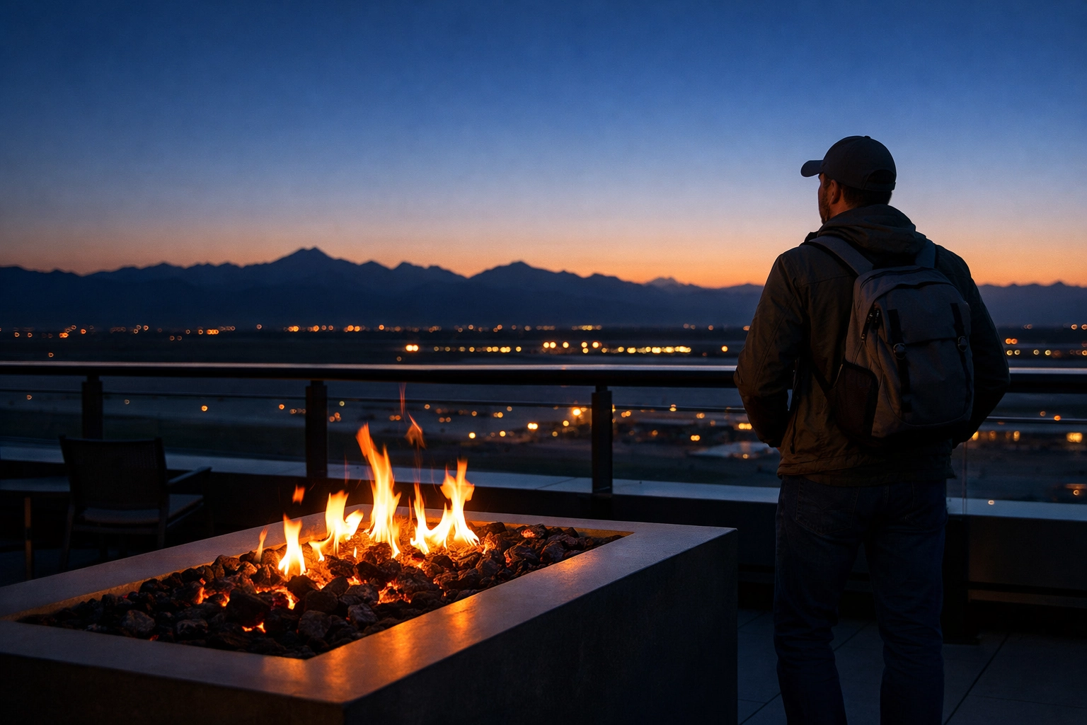 Traveler enjoying an outdoor fire pit at the Denver International Airport DEN observation deck.