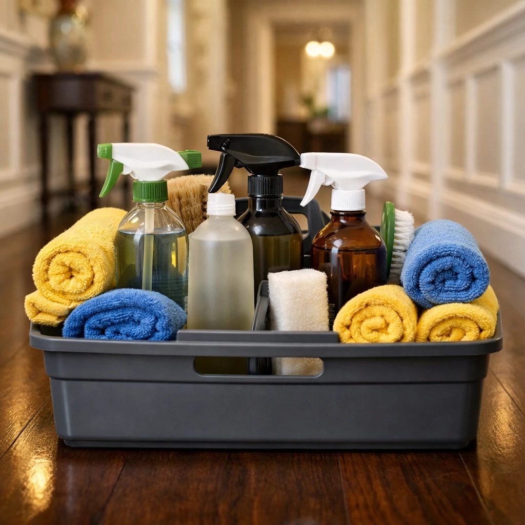 Eco-friendly supplies and tools used by professional cleaners for a deep cleaning in Wellesley MA home.