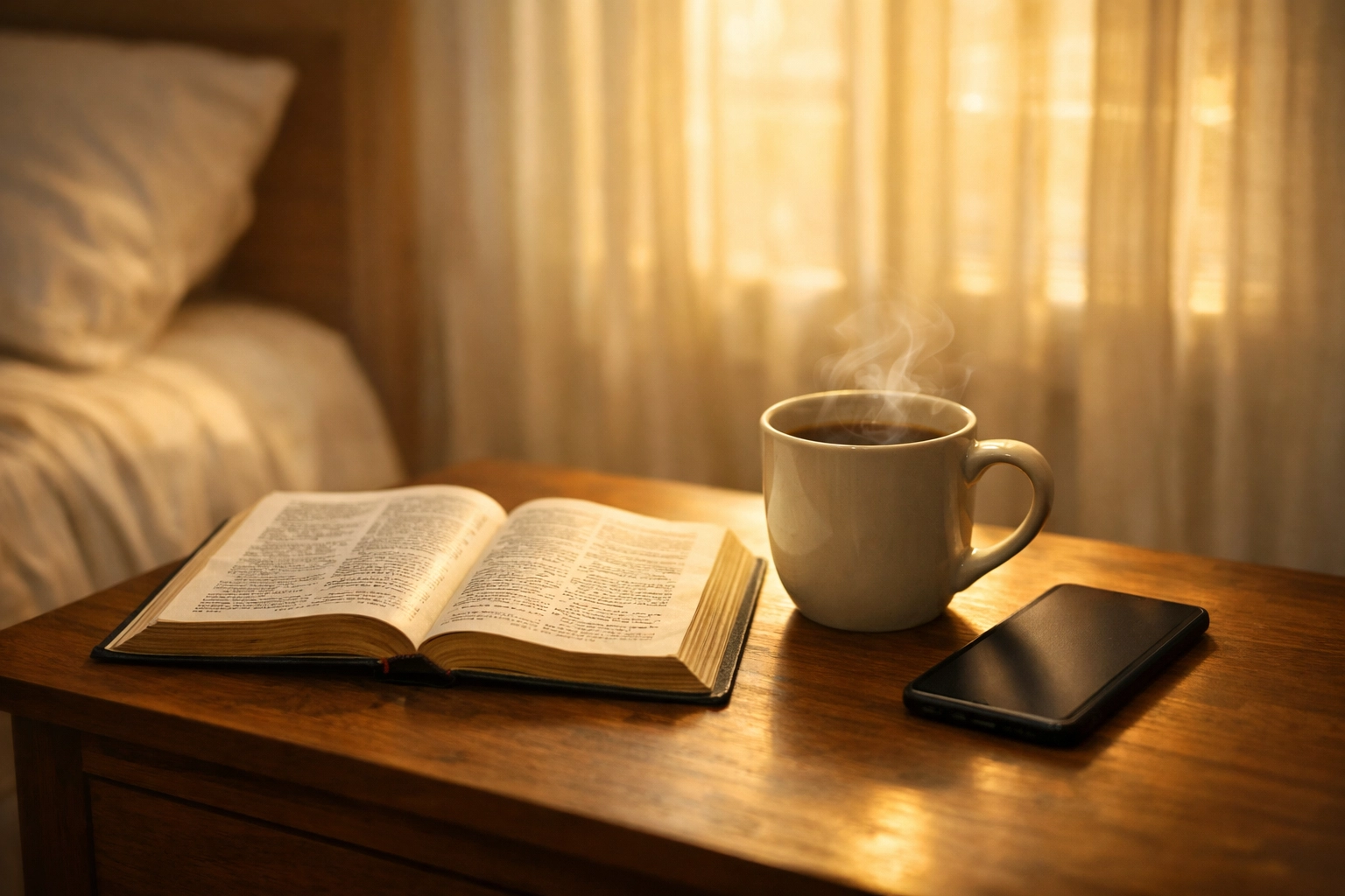 Morning devotional setup with open Bible and coffee on nightstand, phone face-down symbolizing peaceful start