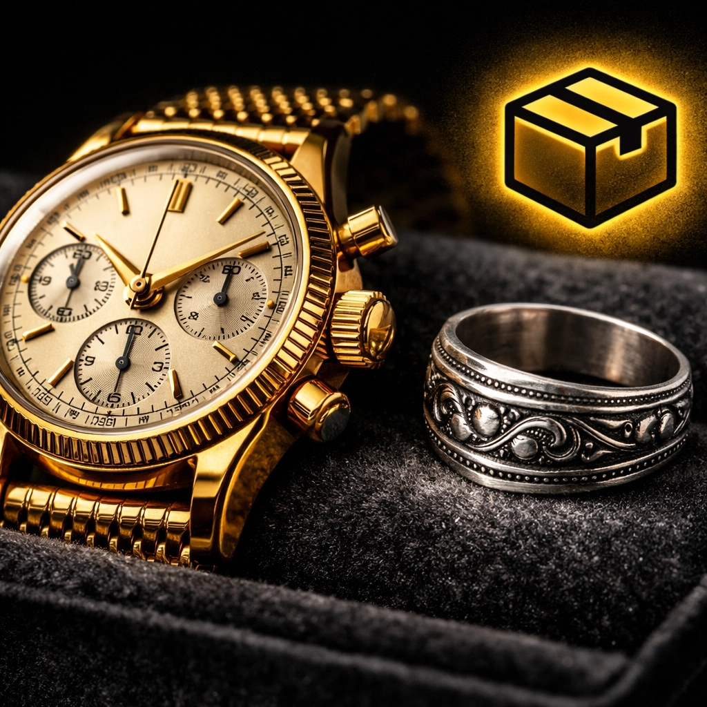 High-end jewelry like gold watches and silver rings ready for shipping from a Columbus estate sale.