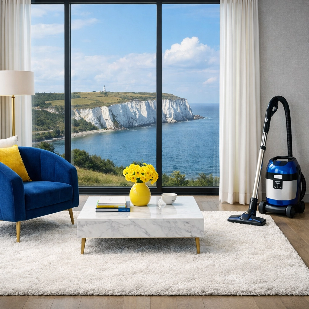 Spotless Dover living room featuring a HEPA vacuum used for residential cleaning Massachusetts.