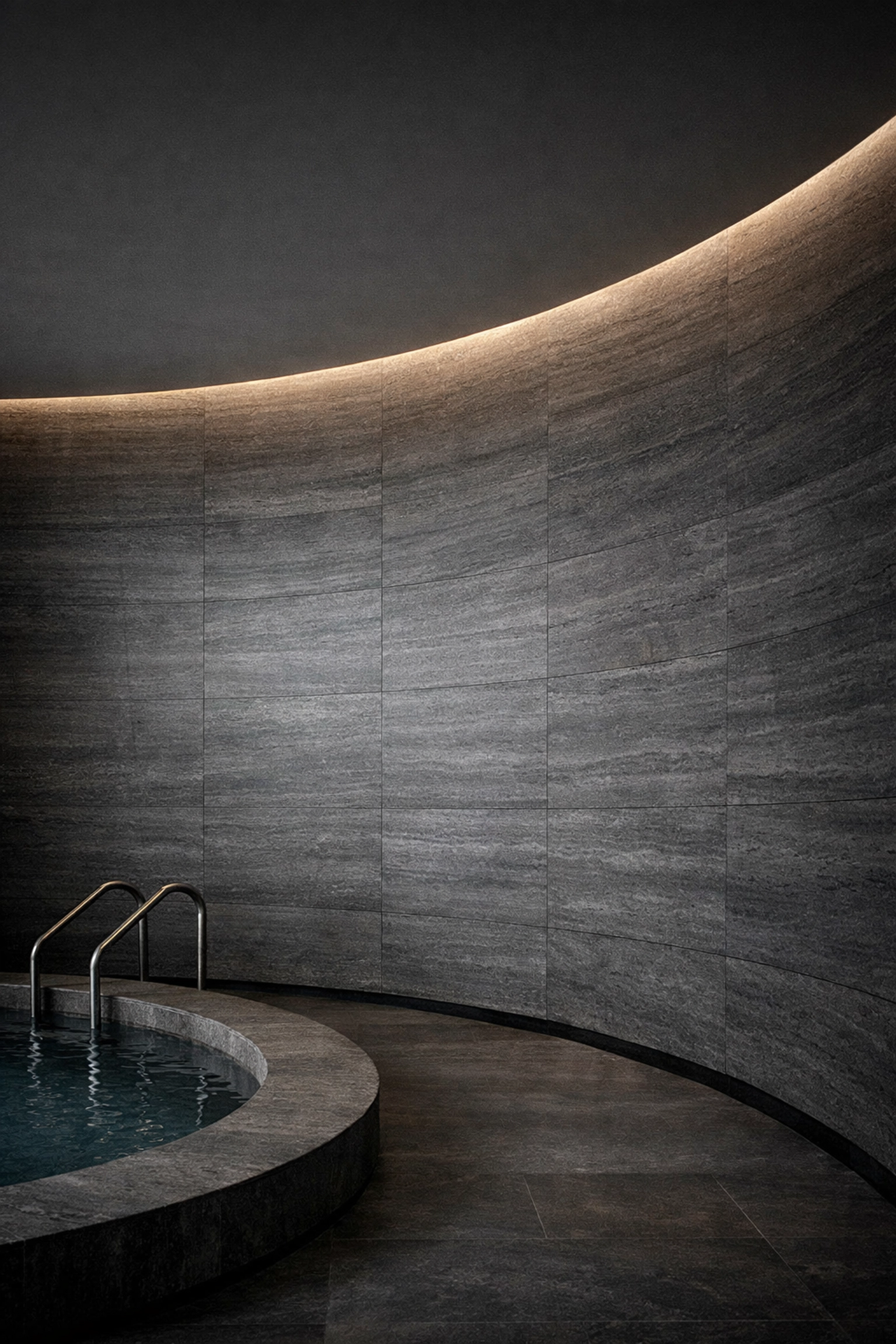 Curved spa wall clad in dark grey Flexible Natural Stone™ demonstrating seamless architectural application.