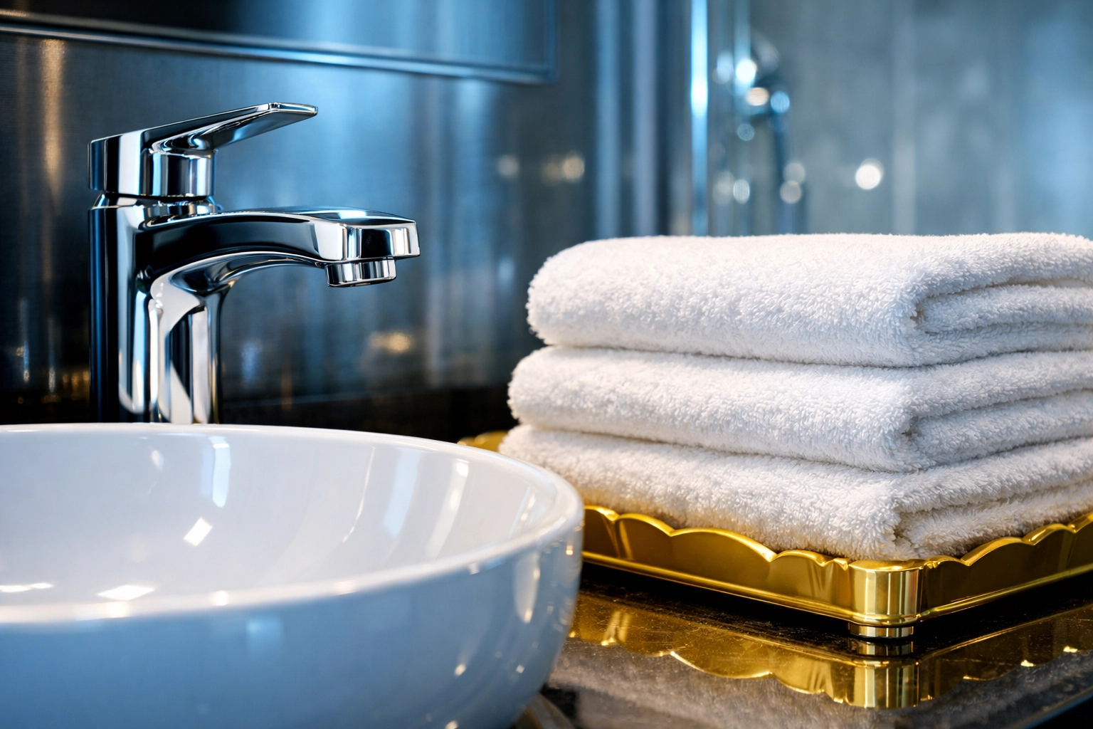 Detail of a deep cleaned luxury bathroom showing professional residential cleaning Massachusetts on polished chrome fixtures.