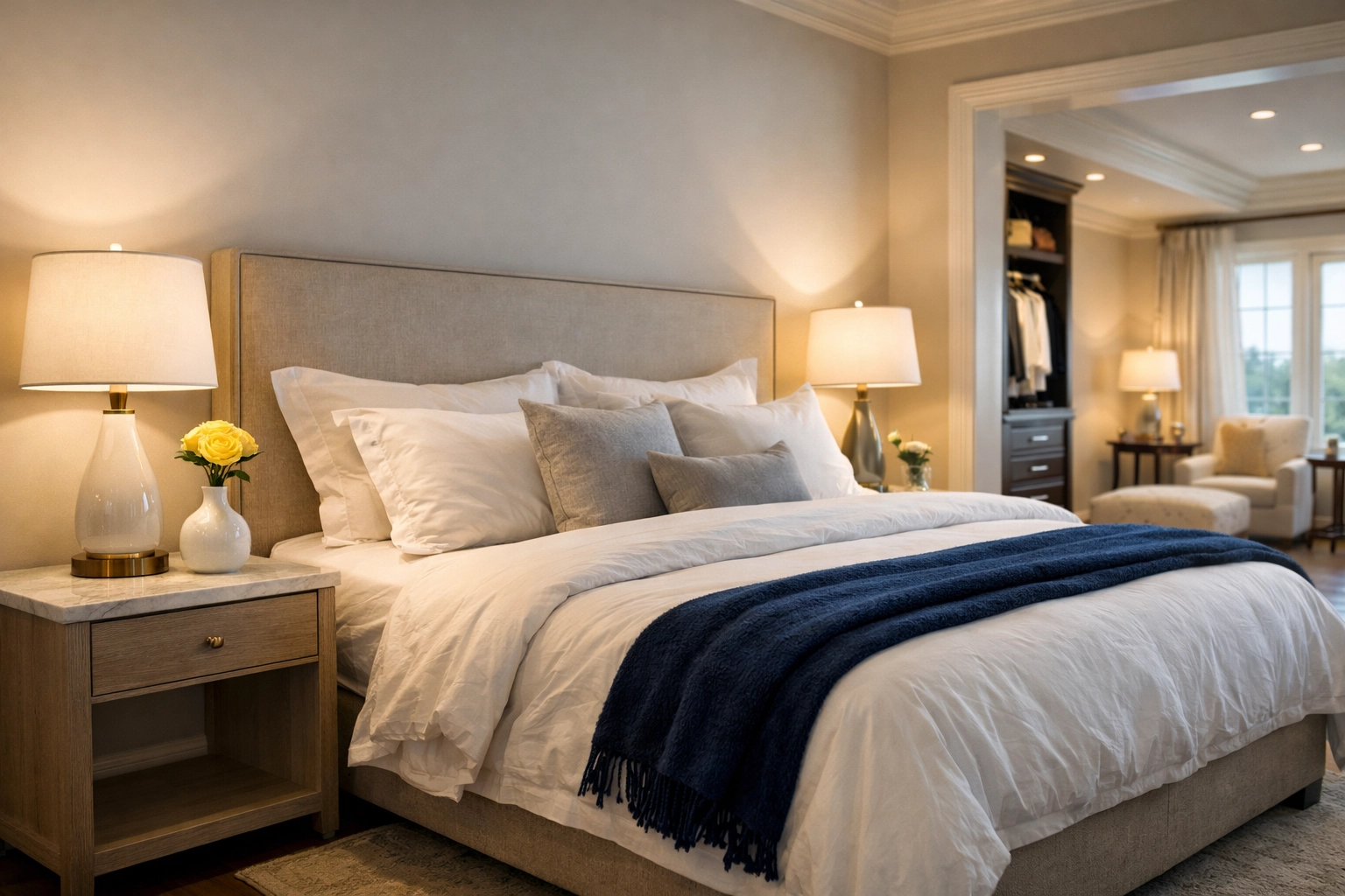 A perfectly organized Dover master bedroom showing high-end residential cleaning Massachusetts results.