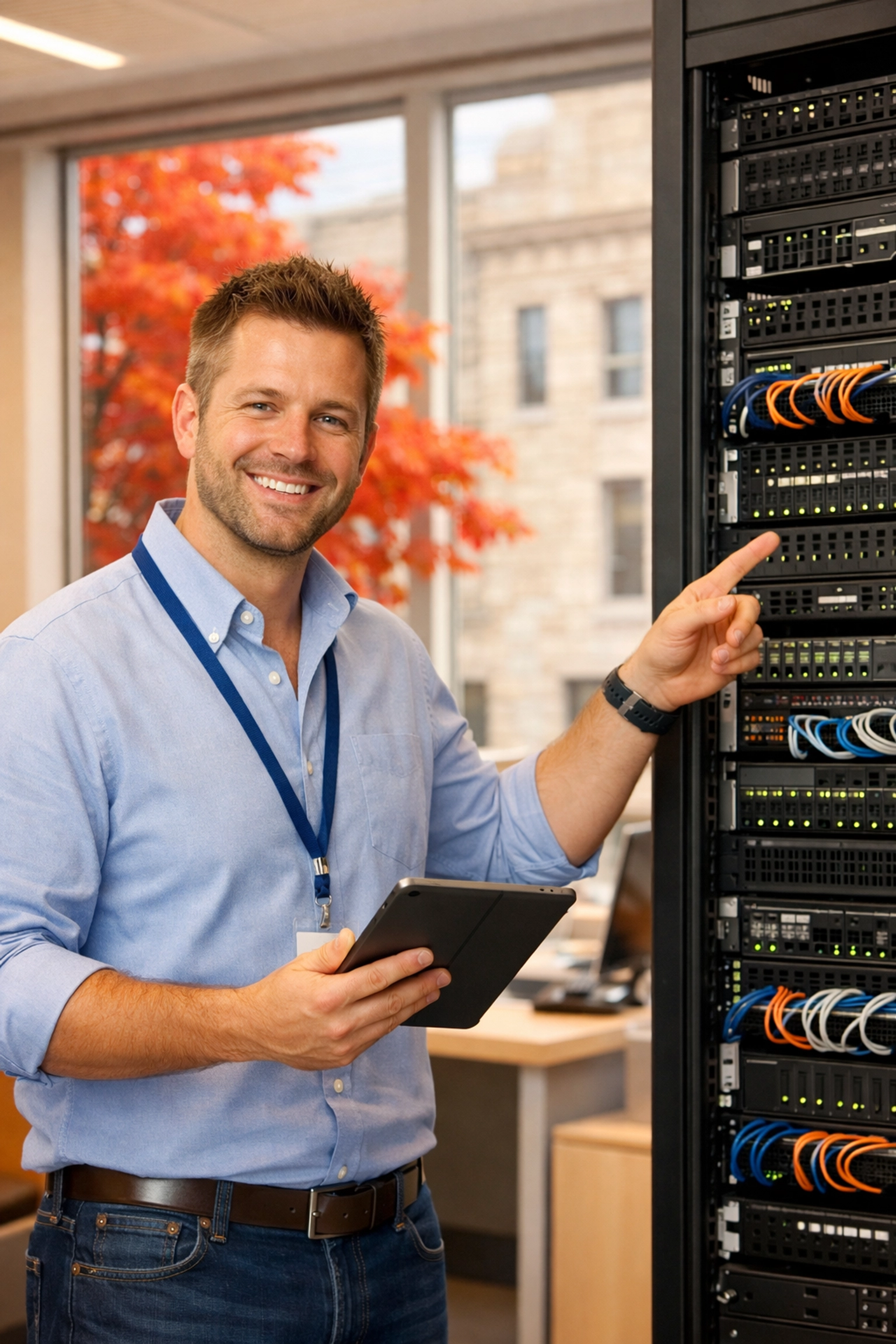 IT expert providing professional structured cabling services for a modern Canadian business office.