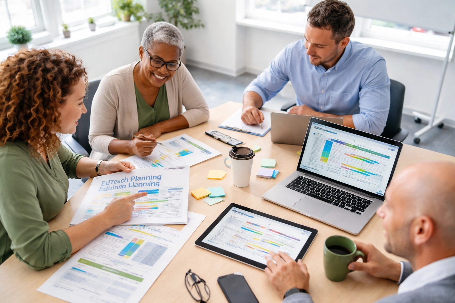 Educators collaborating over technology planning documents and devices, emphasizing sustainable tech strategies in schools