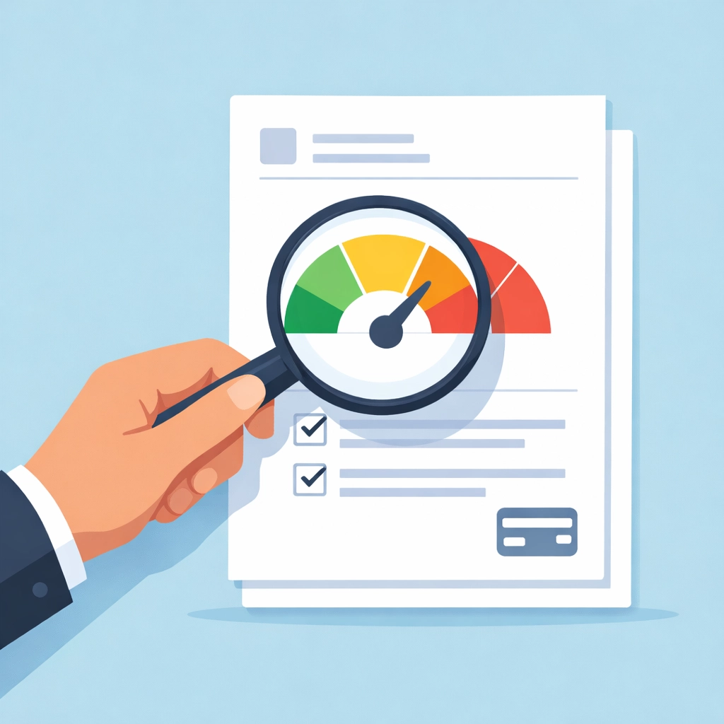 Ilustración de lupa revisando errores en el reporte de crédito para familias latinas.